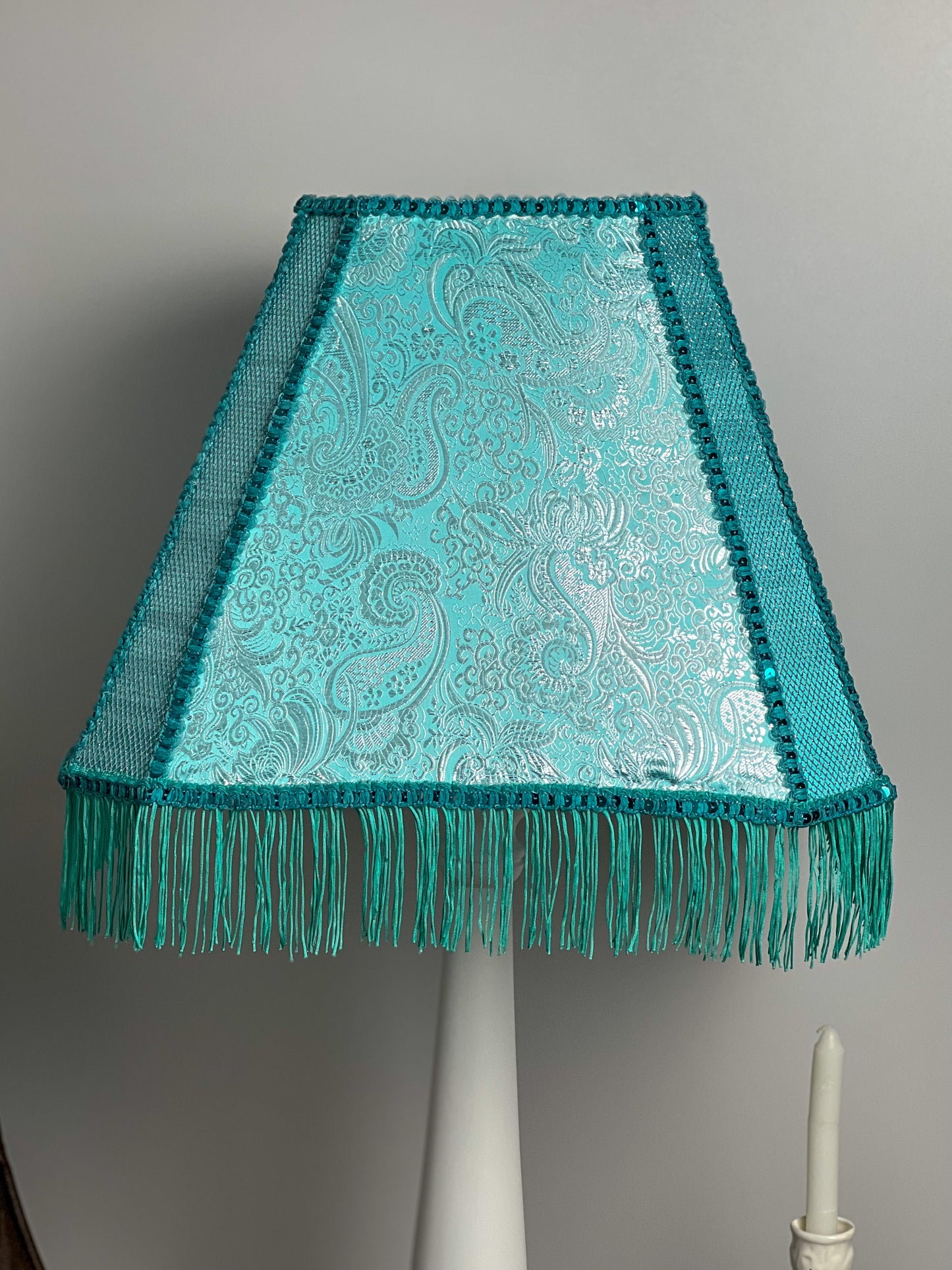 Fabric lampshade in turquoise color with sequins and fringe. Art deco styles. 3402
