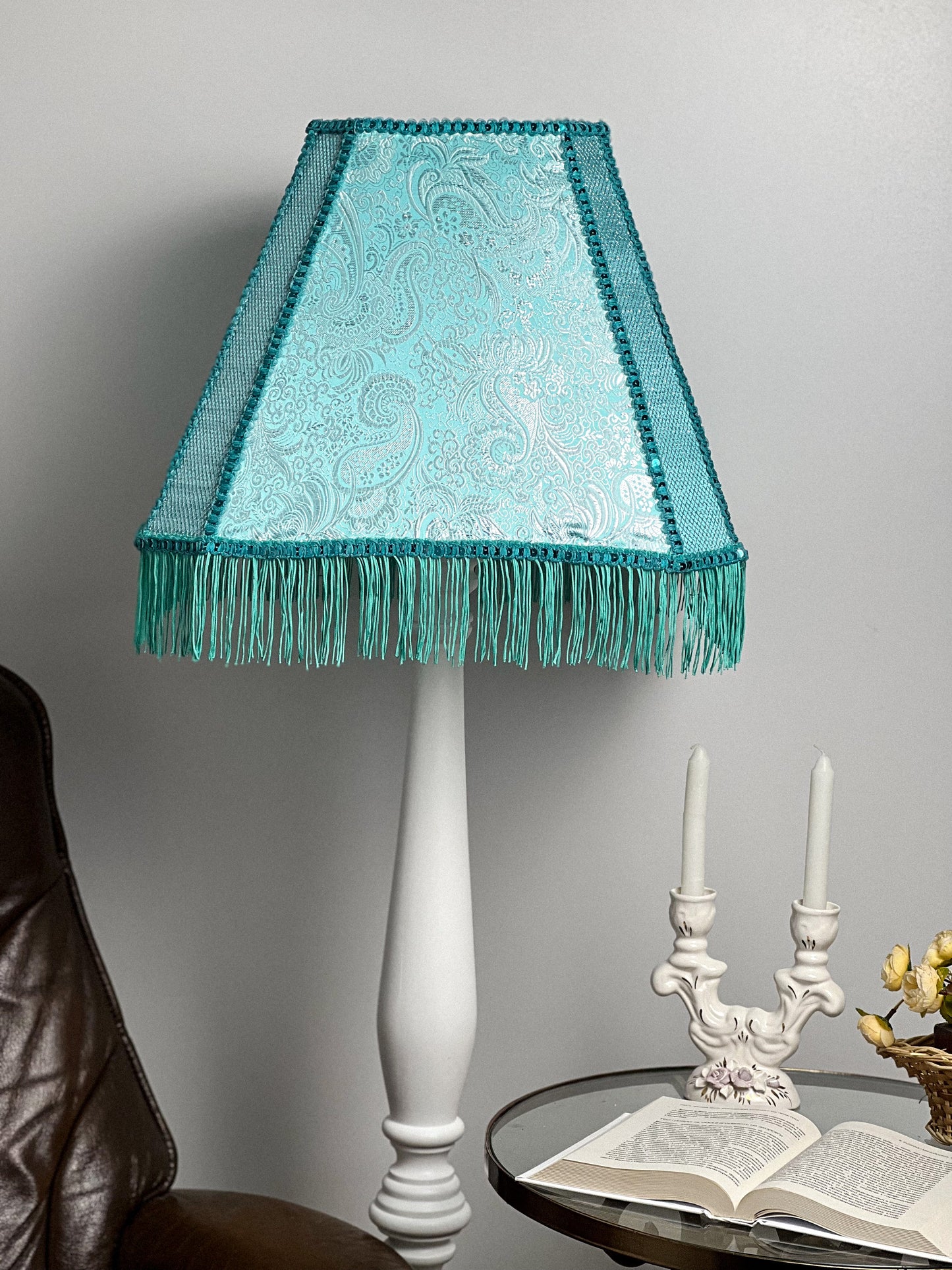 Fabric lampshade in turquoise color with sequins and fringe. Art deco styles. 3402