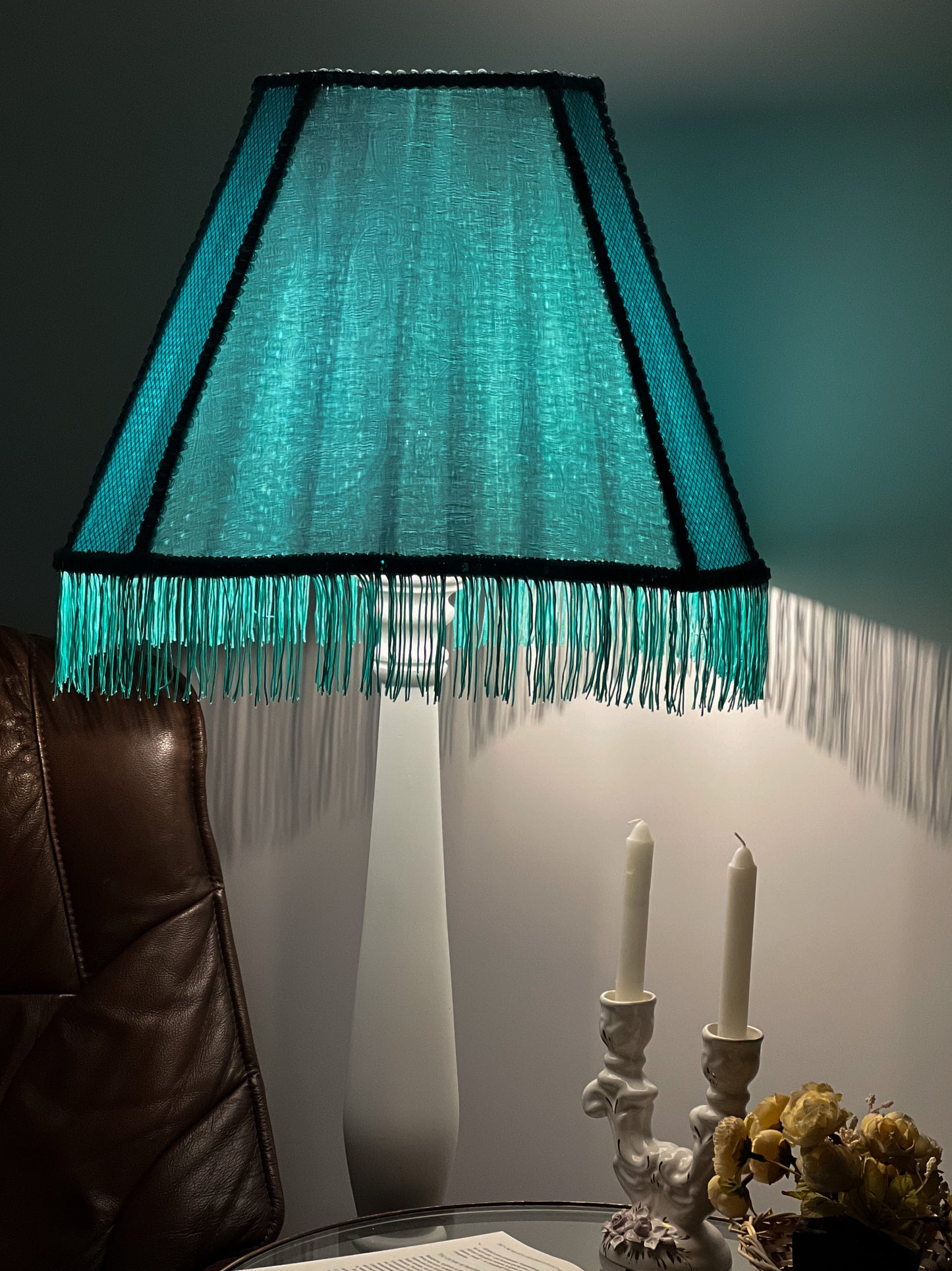 Fabric lampshade in turquoise color with sequins and fringe. Art deco styles. 3402