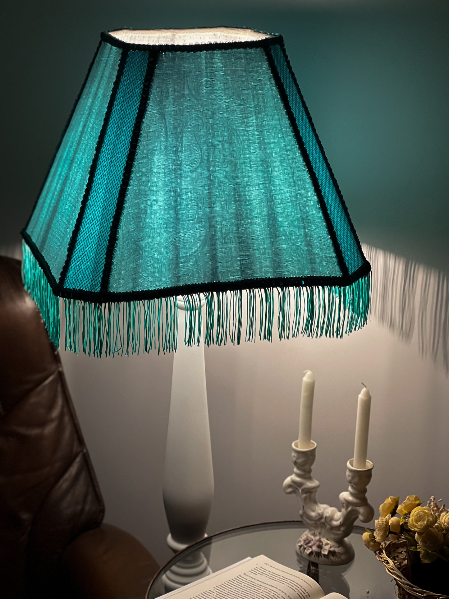 Fabric lampshade in turquoise color with sequins and fringe. Art deco styles. 3402
