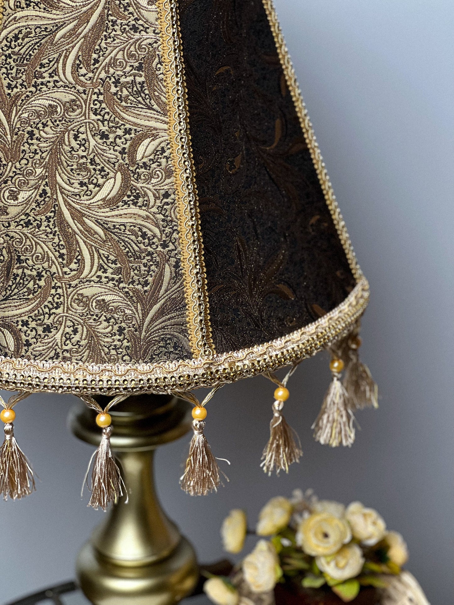 Relief lampshade of golden brown color in Victorian style with fringe. PRODUCT TO ORDER. 0205