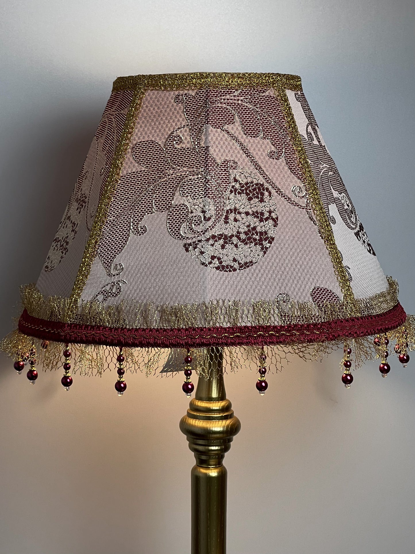 Victorian Lampshade in Golden-Burgundy Brocade with Fringe