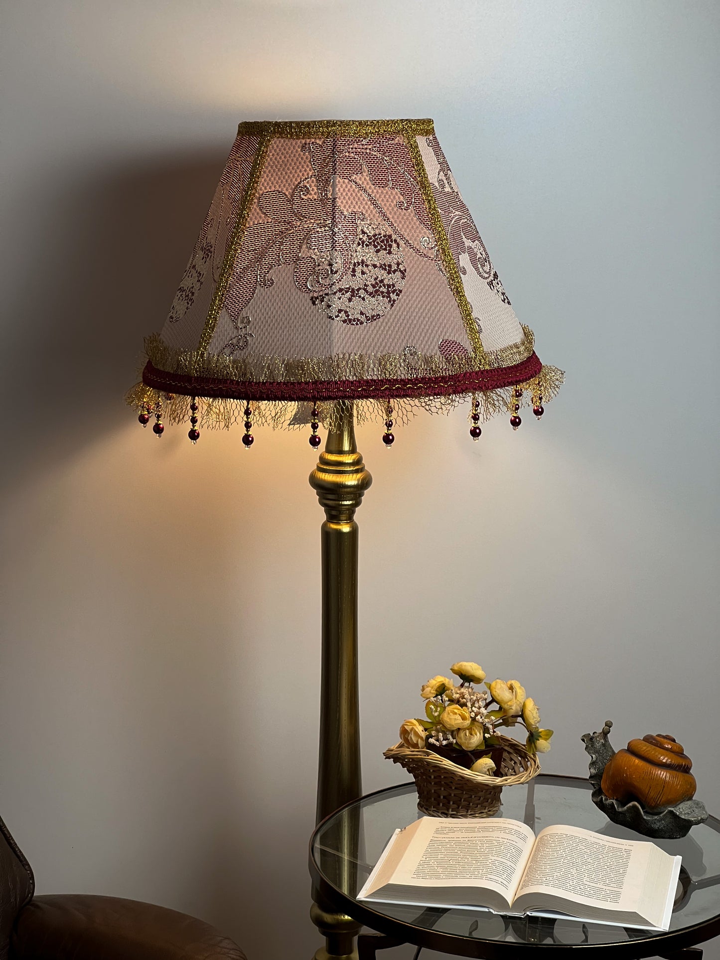 Victorian Lampshade in Golden-Burgundy Brocade with Fringe