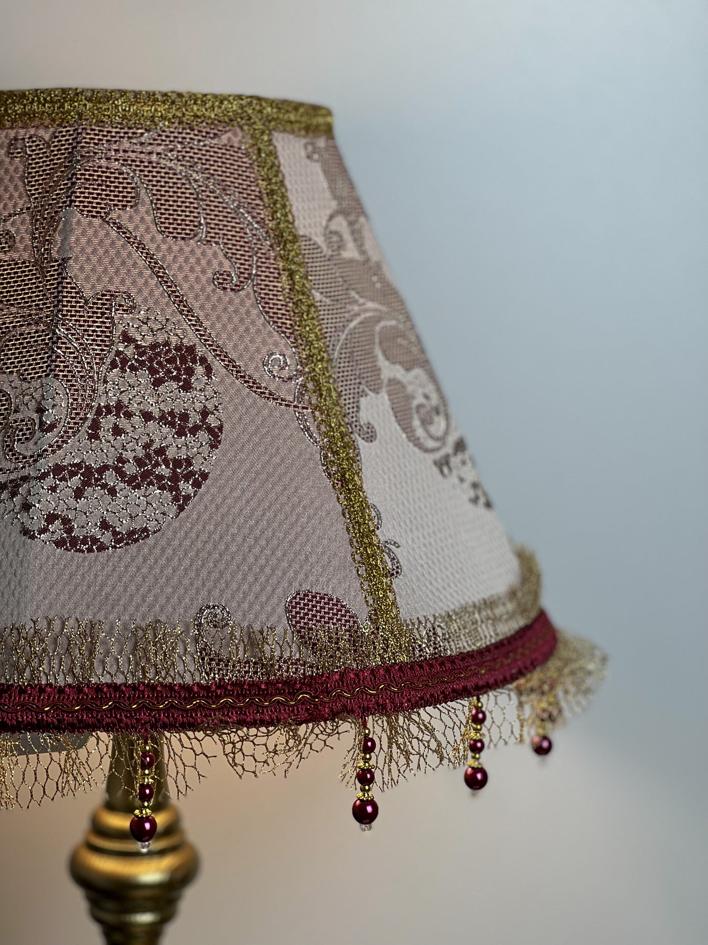 Victorian Lampshade in Golden-Burgundy Brocade with Fringe