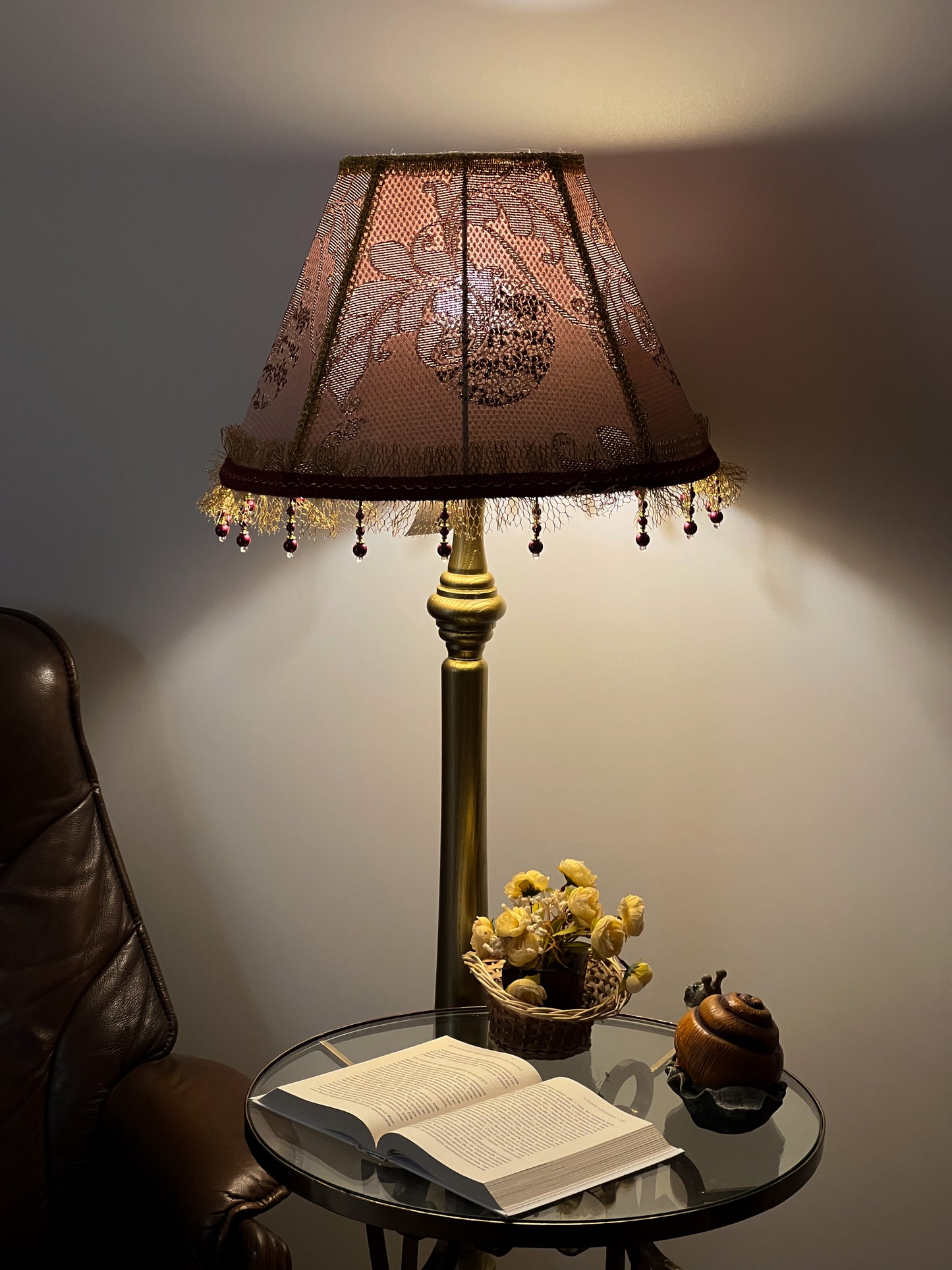Victorian Lampshade in Golden-Burgundy Brocade with Fringe