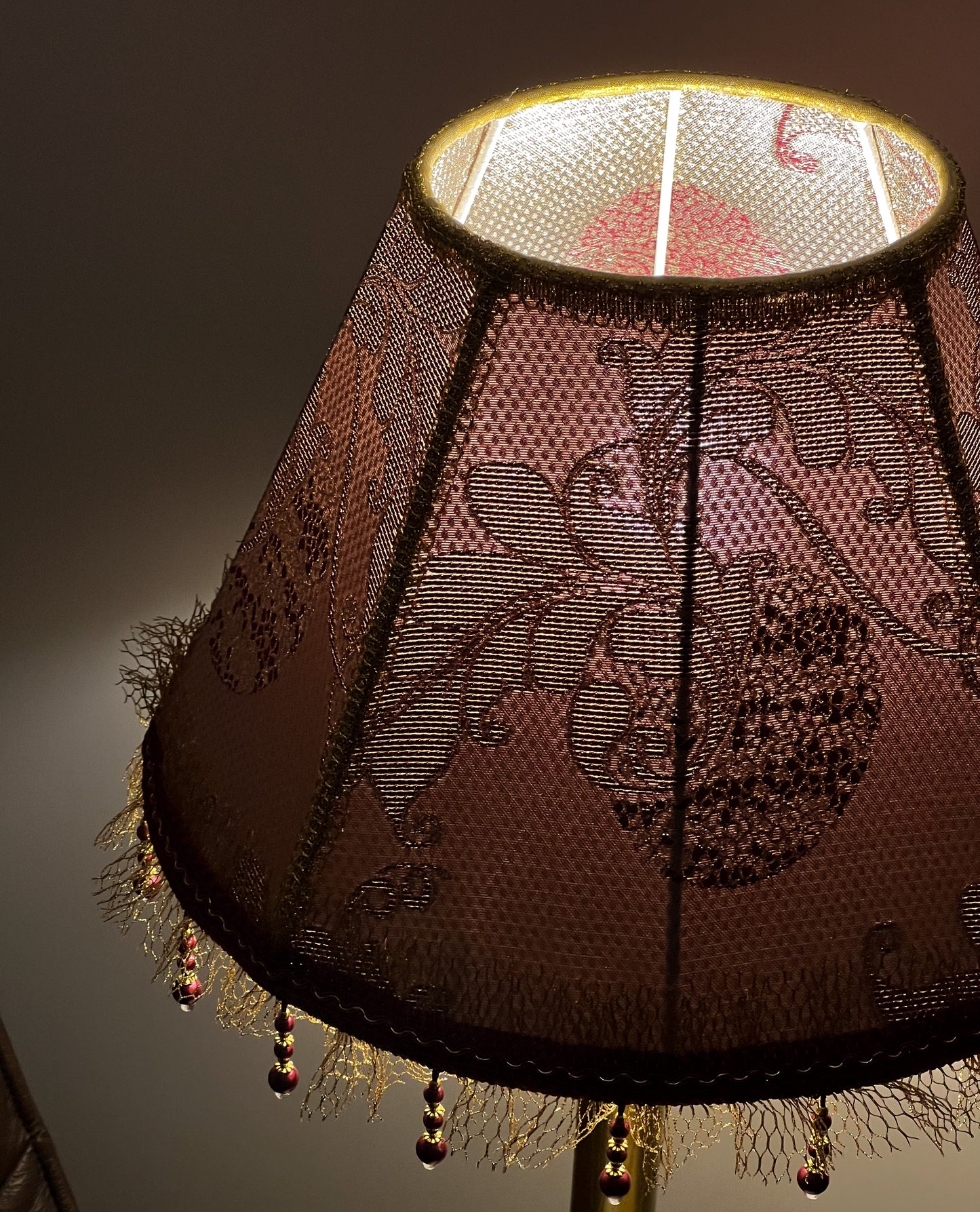 Victorian Lampshade in Golden-Burgundy Brocade with Fringe