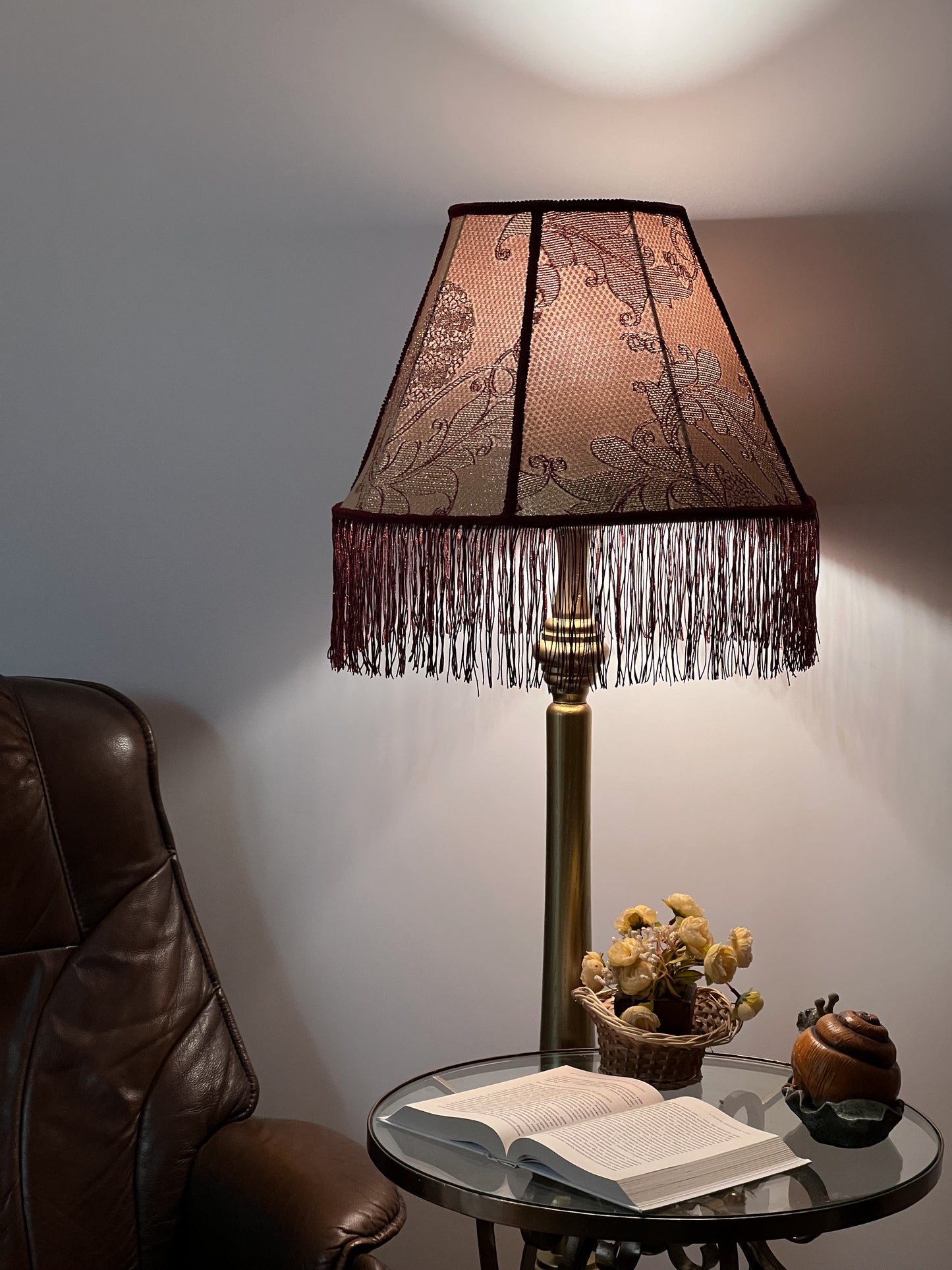 Victorian Lampshade in Golden-Burgundy Brocade with Fringe