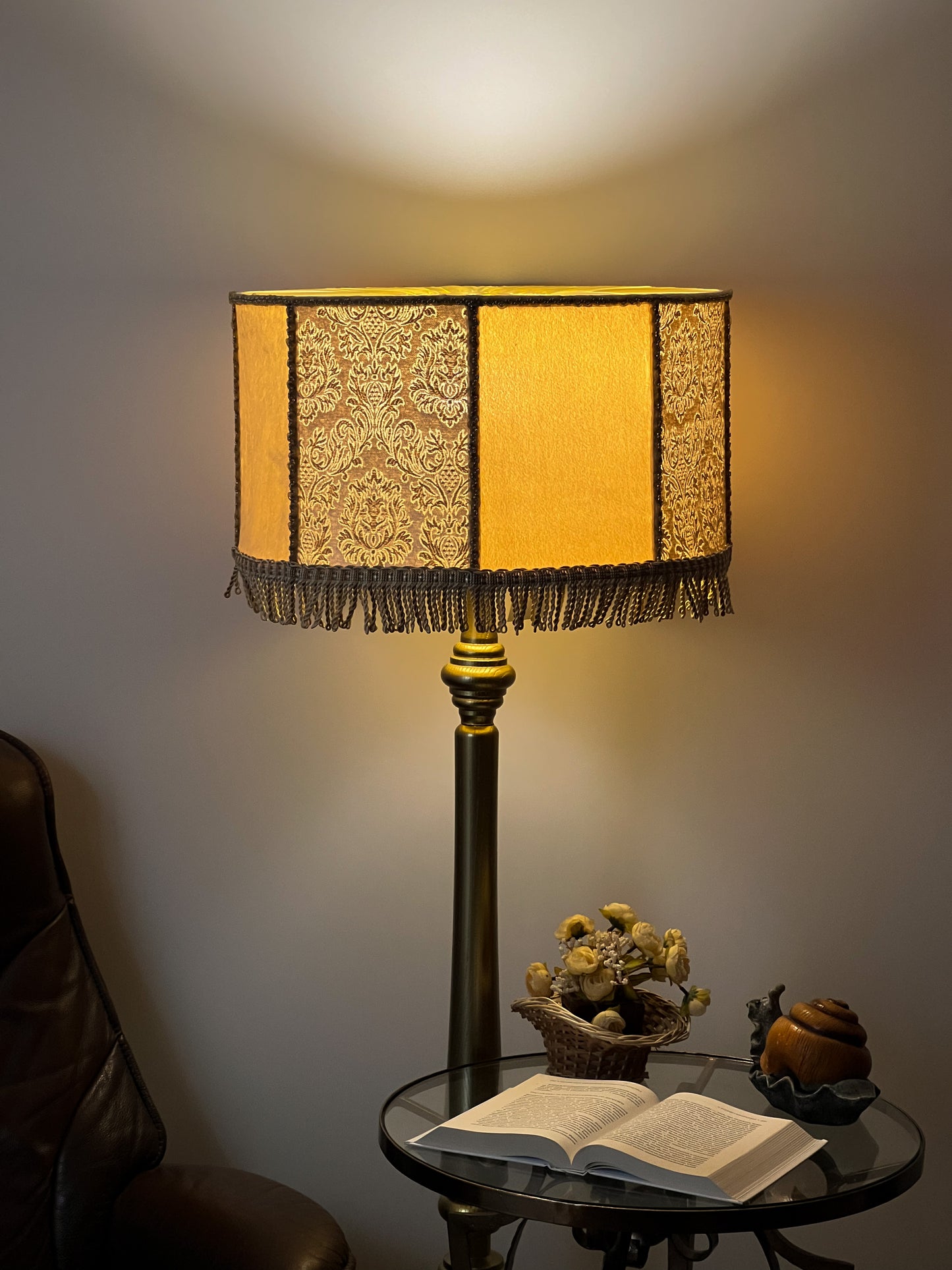 Art Deco Fringed Drum Lampshade with Victorian Pattern - Designer Accent Lamp. 6901