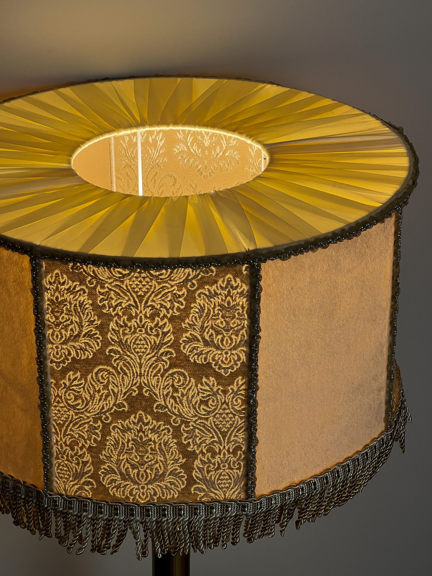 Art Deco Fringed Drum Lampshade with Victorian Pattern - Designer Accent Lamp. 6901