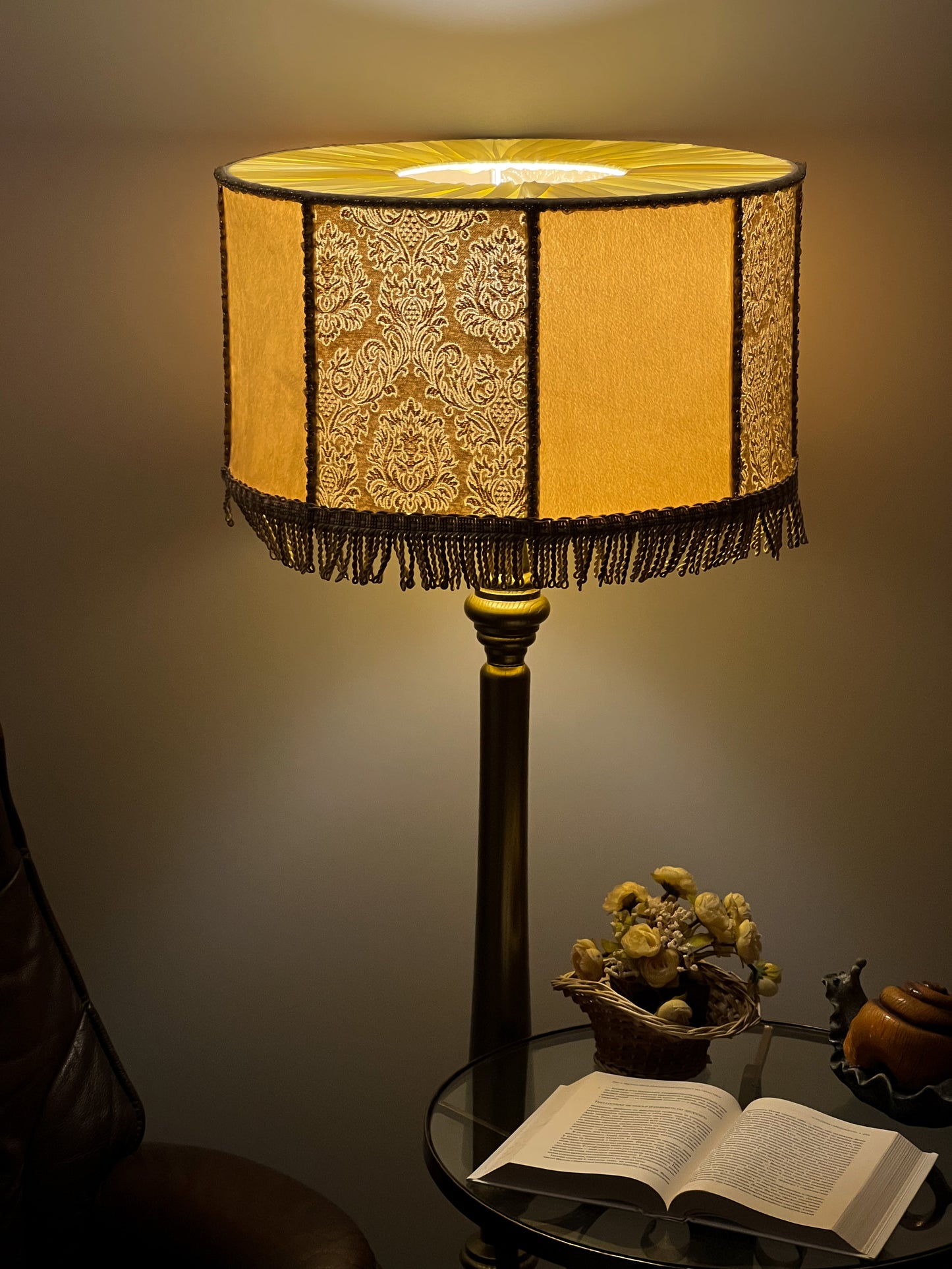 Art Deco Fringed Drum Lampshade with Victorian Pattern - Designer Accent Lamp. 6901