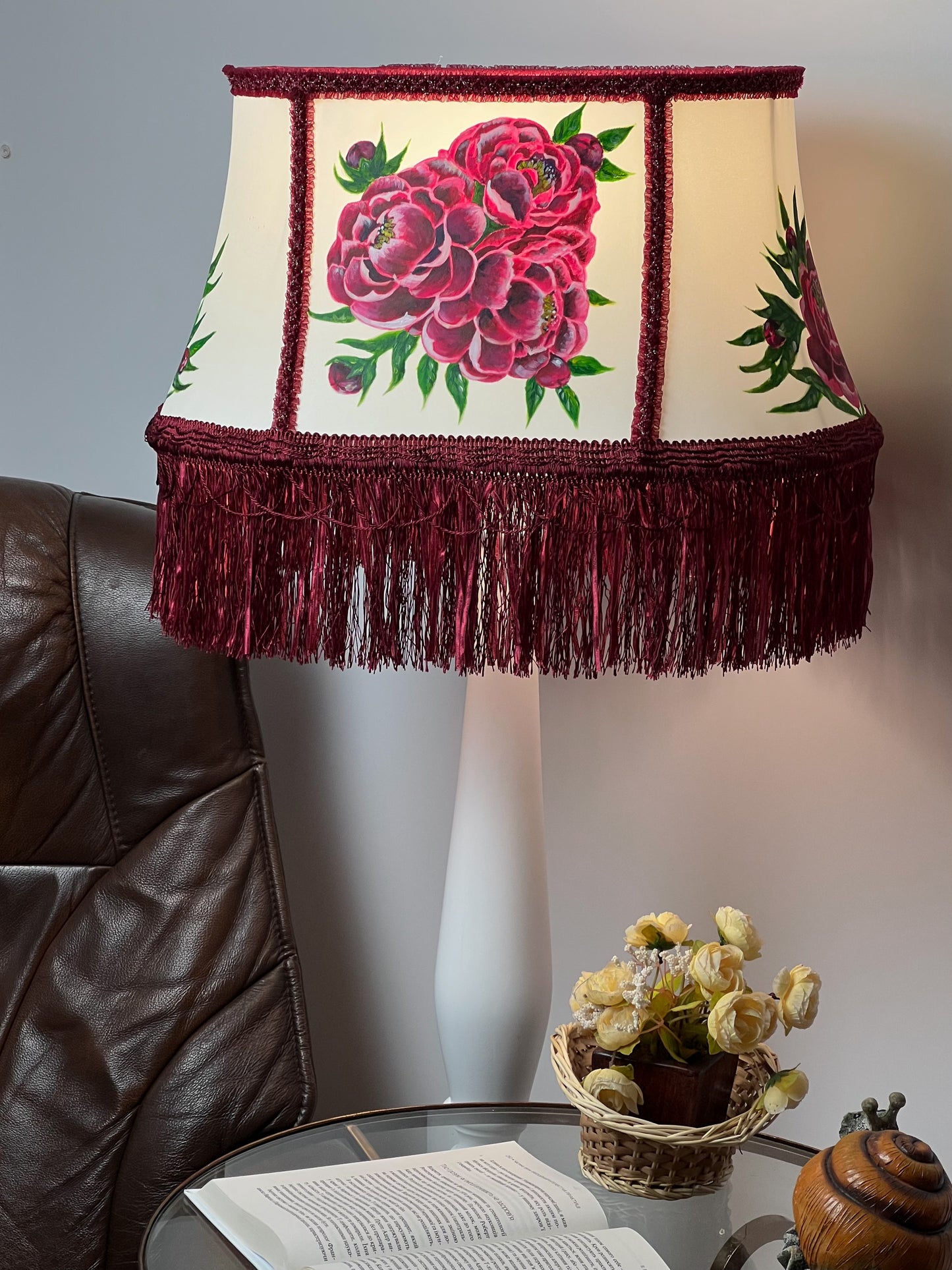Fabric lampshade with painted peonies fringed lampshade. 5304