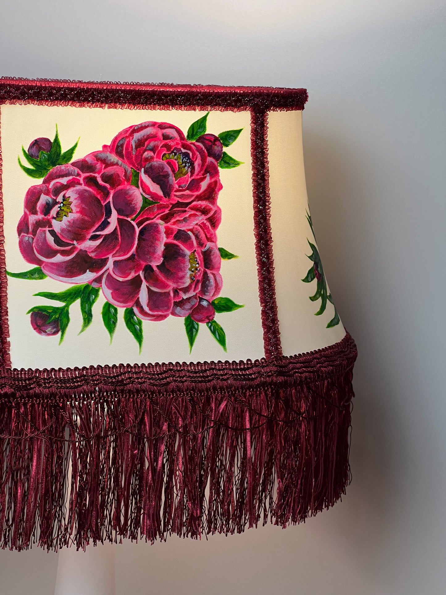 Fabric lampshade with painted peonies fringed lampshade. 5304