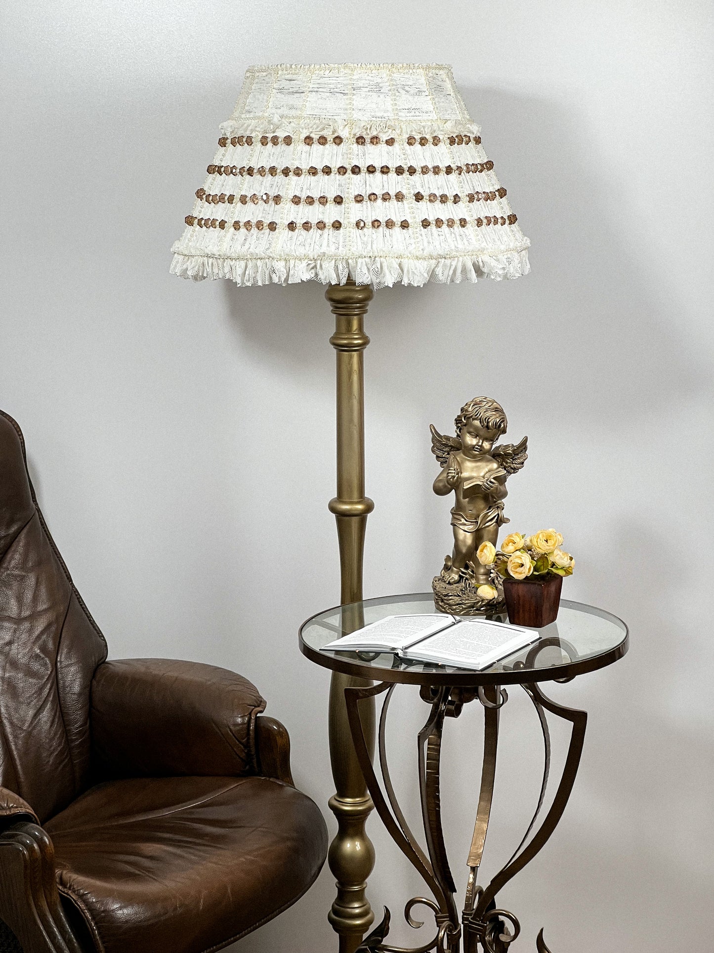 Lampshade. French Milk-Colored Guipure Lampshade with Lace Ribbon.