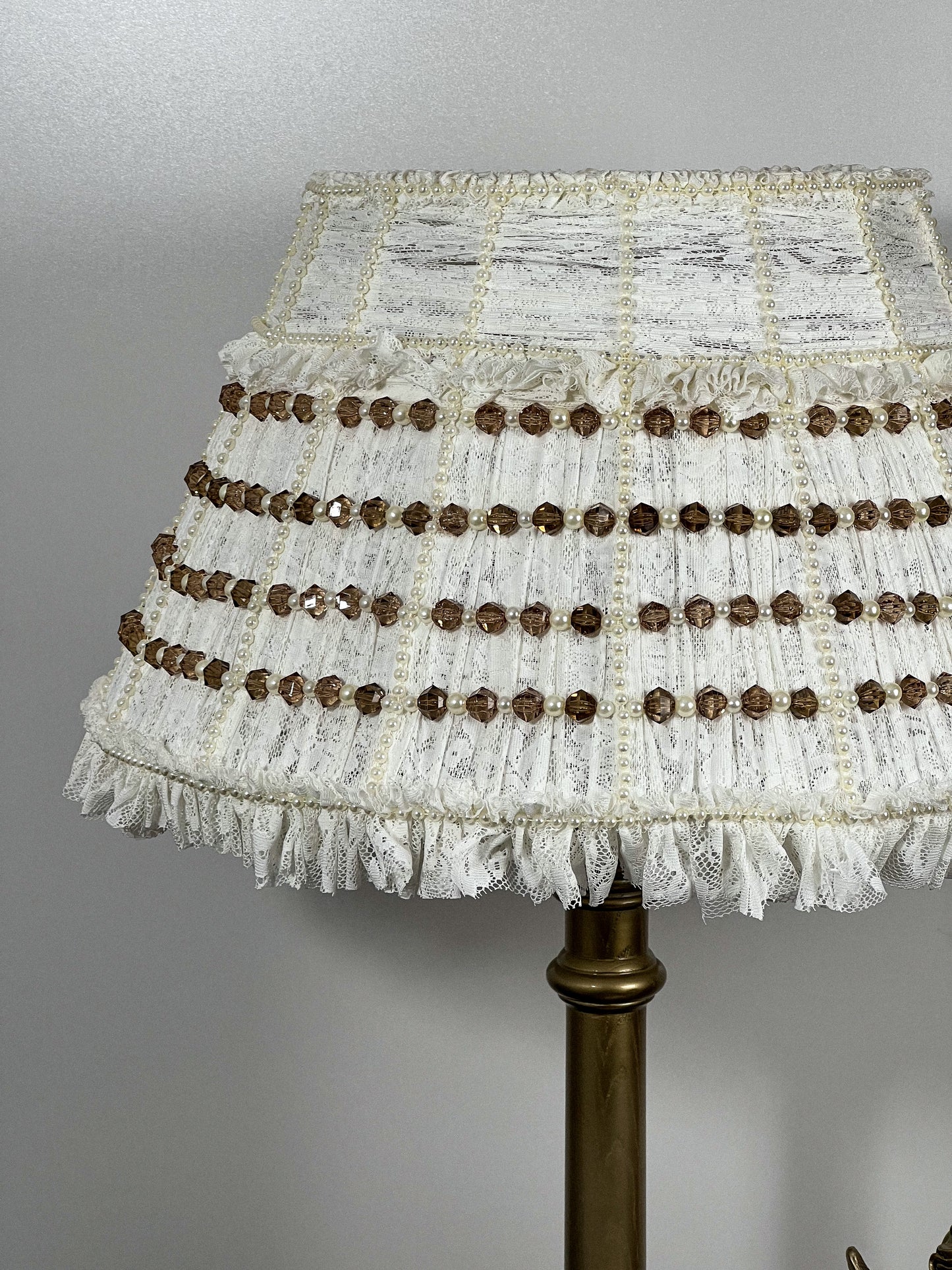 Lampshade. French Milk-Colored Guipure Lampshade with Lace Ribbon.