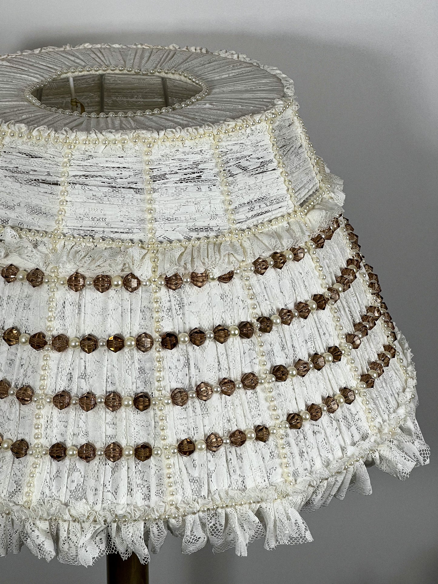 Lampshade. French Milk-Colored Guipure Lampshade with Lace Ribbon.