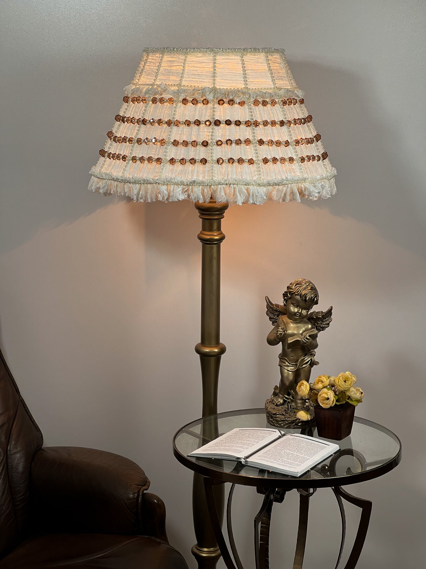Lampshade. French Milk-Colored Guipure Lampshade with Lace Ribbon.