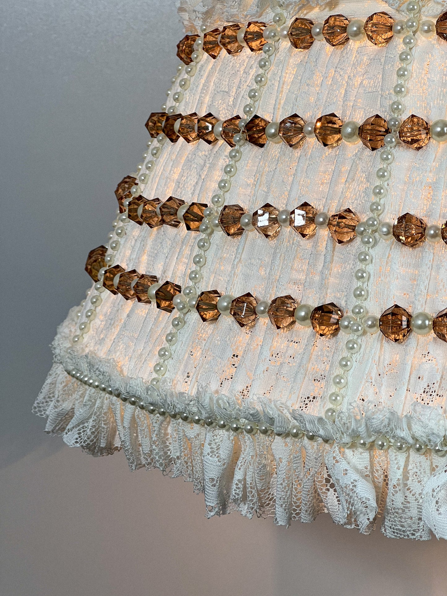 Lampshade. French Milk-Colored Guipure Lampshade with Lace Ribbon.