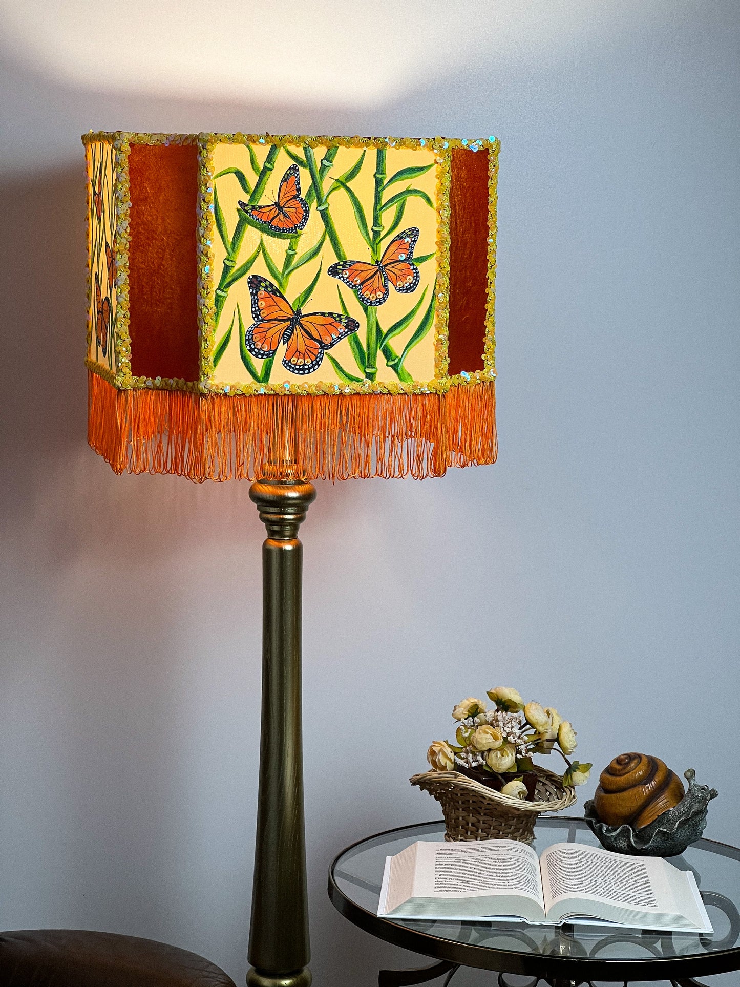 Orange floor lamp with butterflies, hand-painted shade. Art Deco lamp, a fairy-tale lamp. 280701