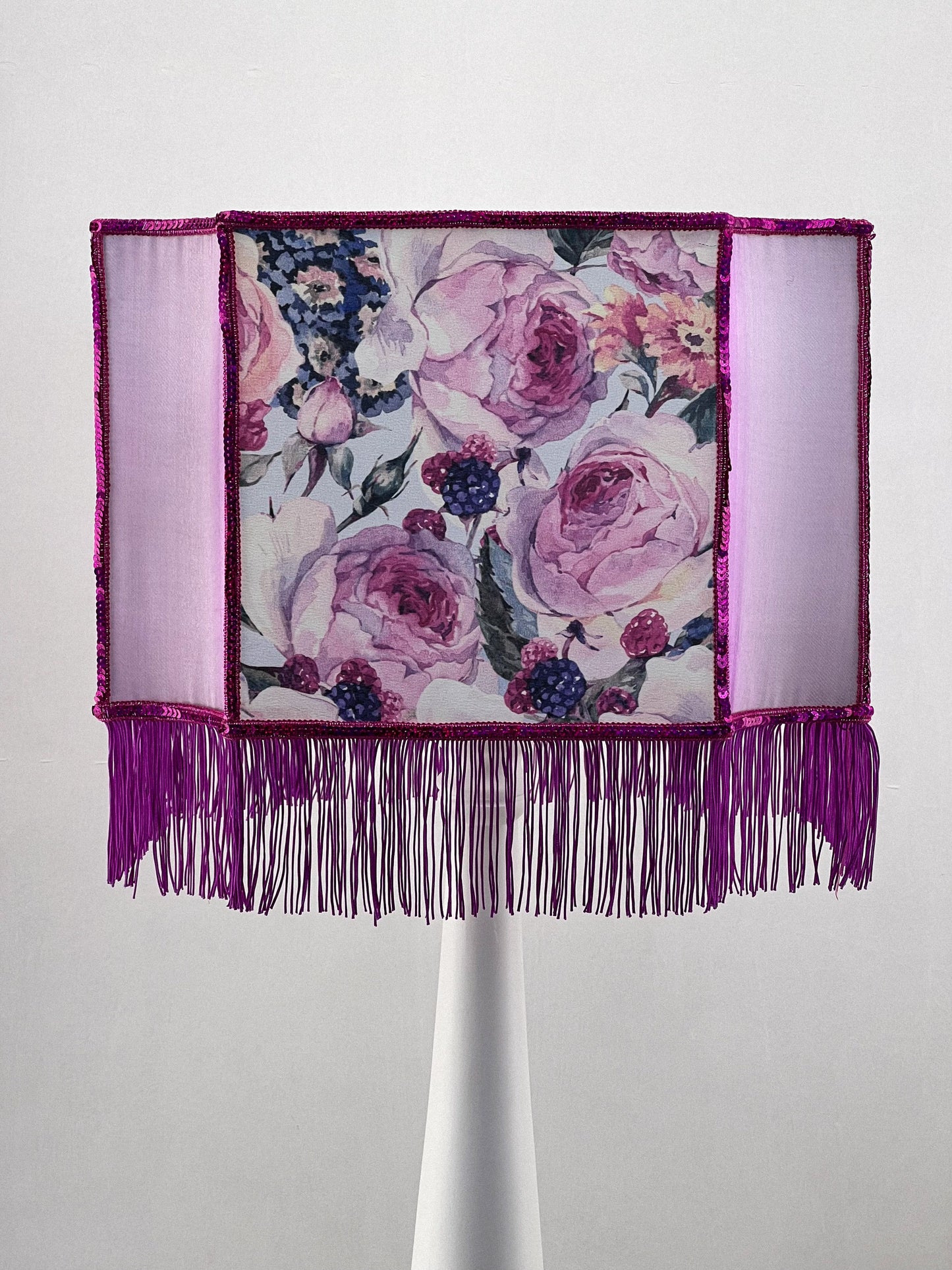 Art deco Lampshade Purple Silk, Floral Pattern, Fringe, Handmade. 2804