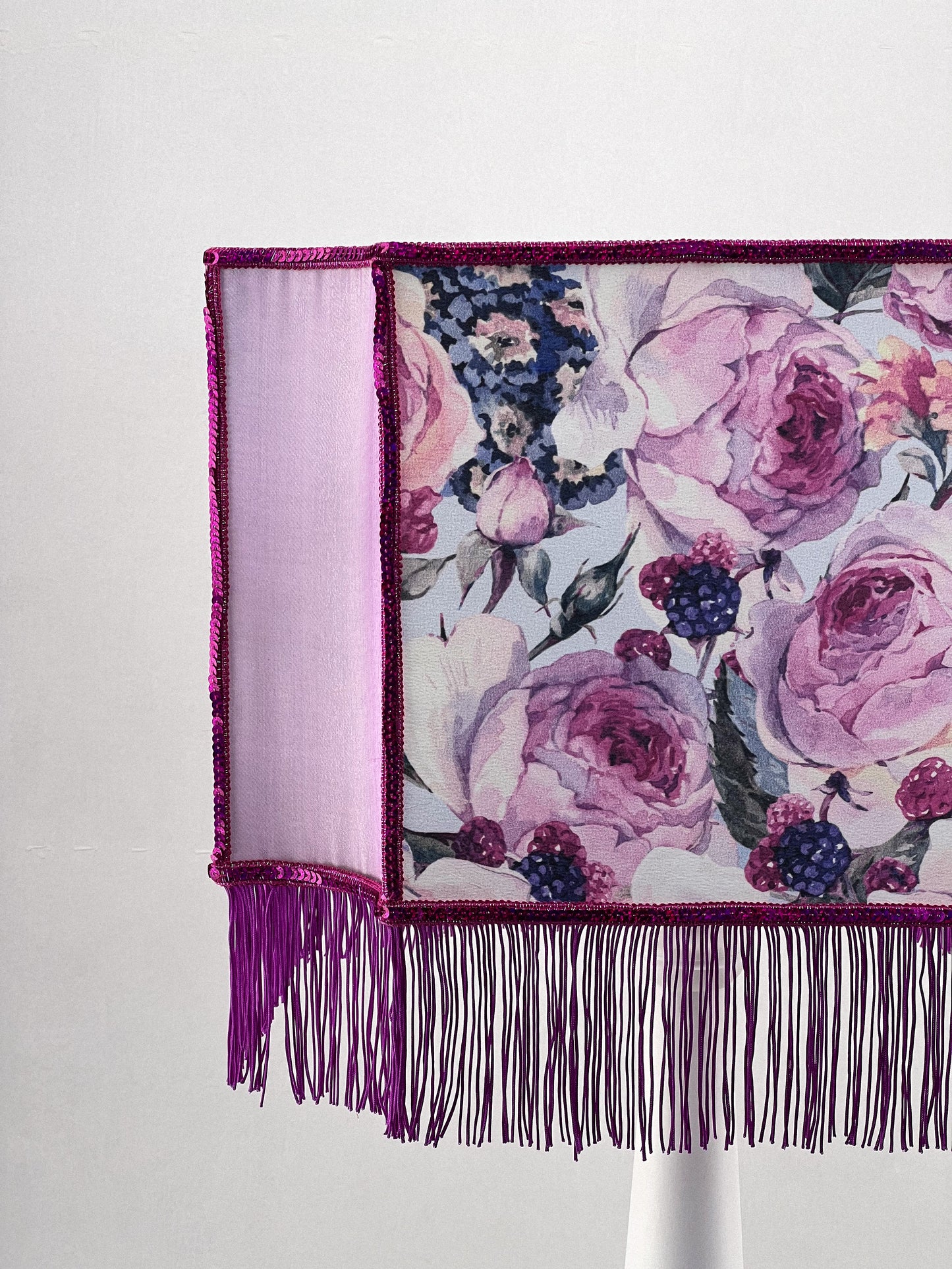 Art deco Lampshade Purple Silk, Floral Pattern, Fringe, Handmade. 2804
