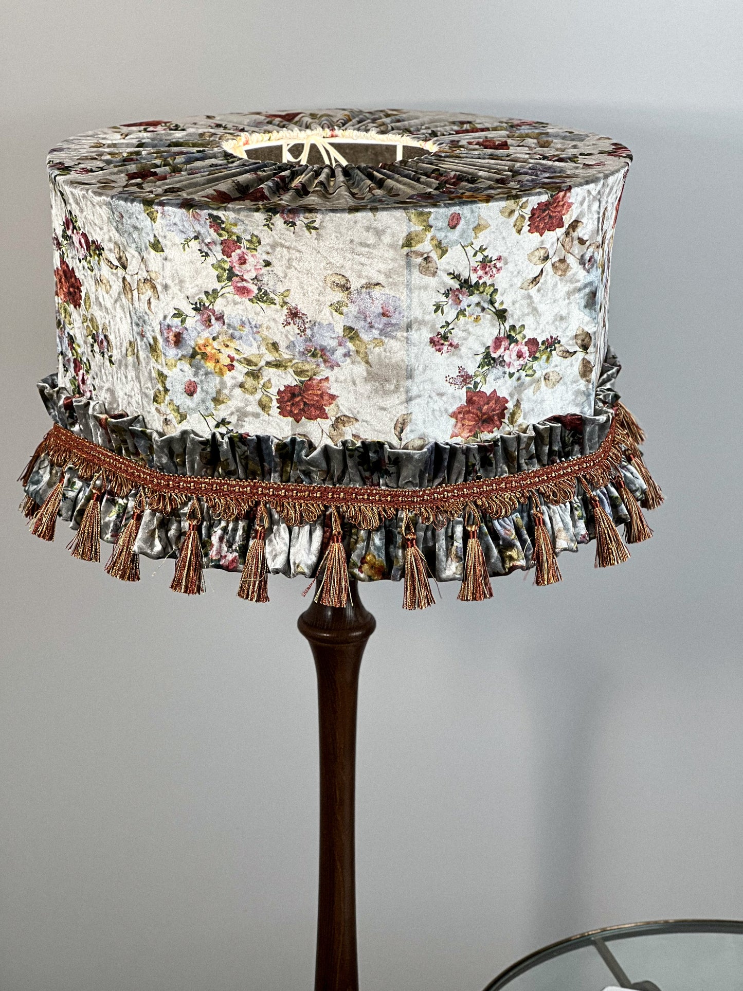 Lampshade. Handmade floral beauty with fringe and tassels will decorate your home.