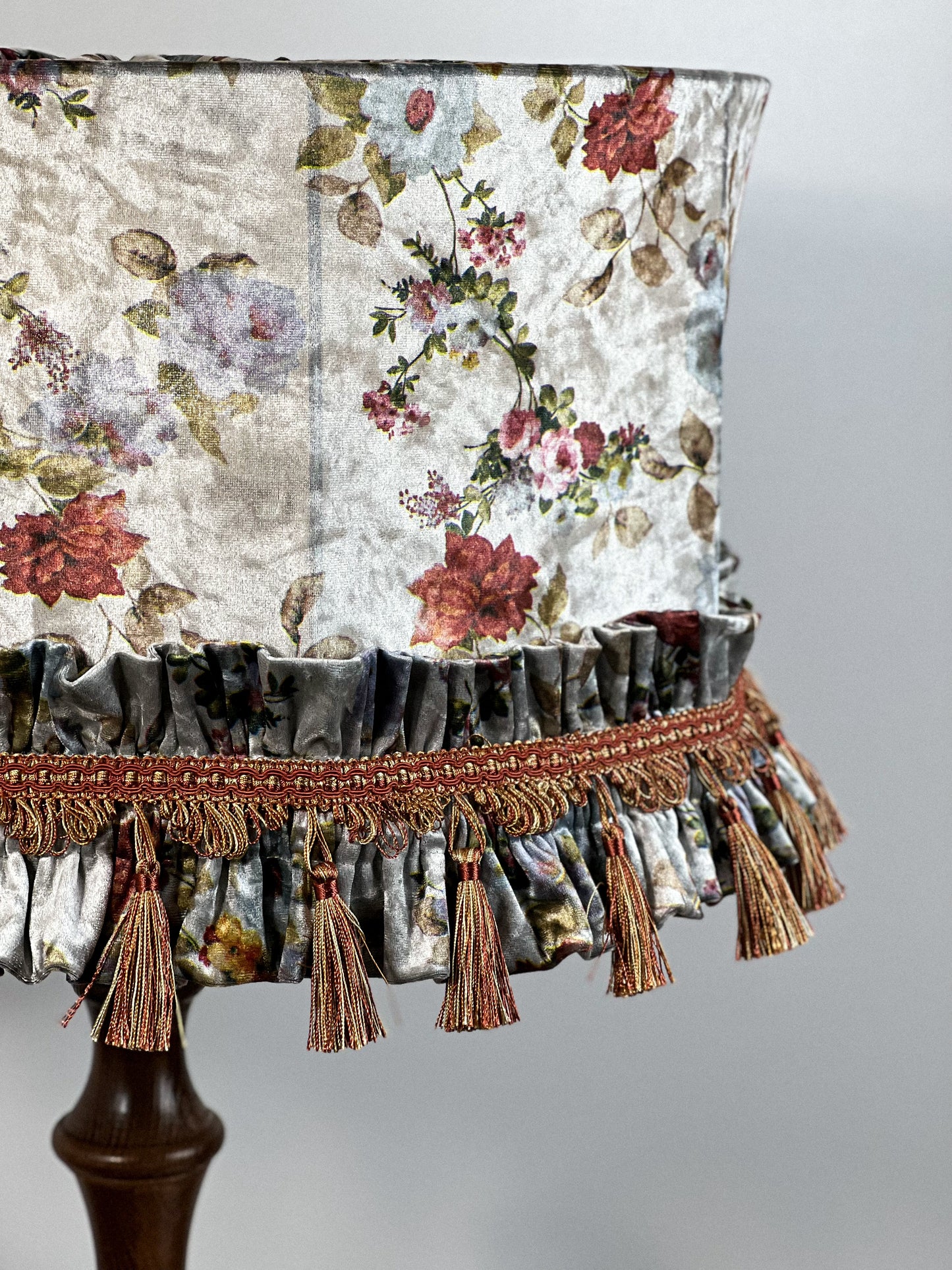 Lampshade. Handmade floral beauty with fringe and tassels will decorate your home.