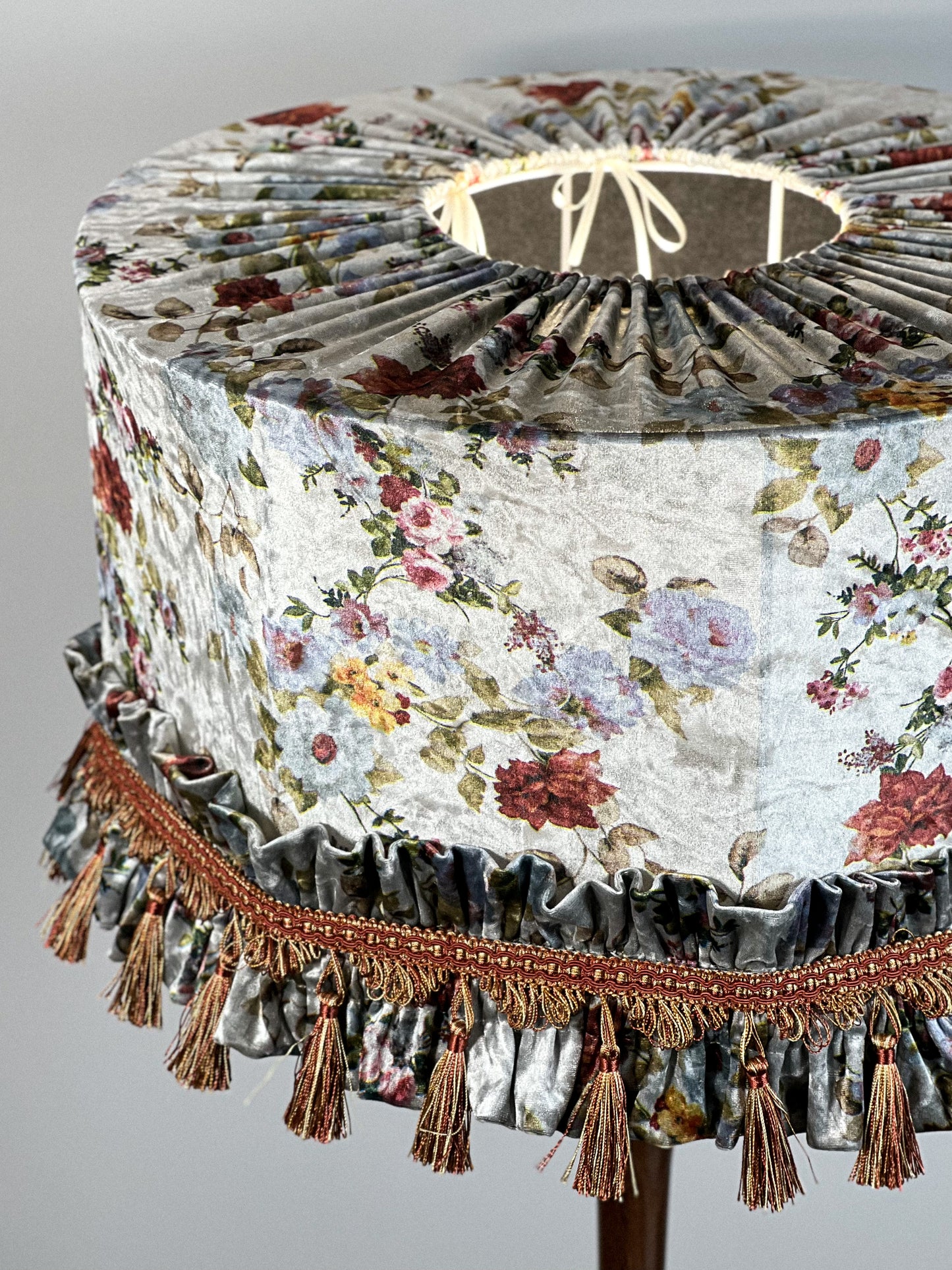 Lampshade. Handmade floral beauty with fringe and tassels will decorate your home.