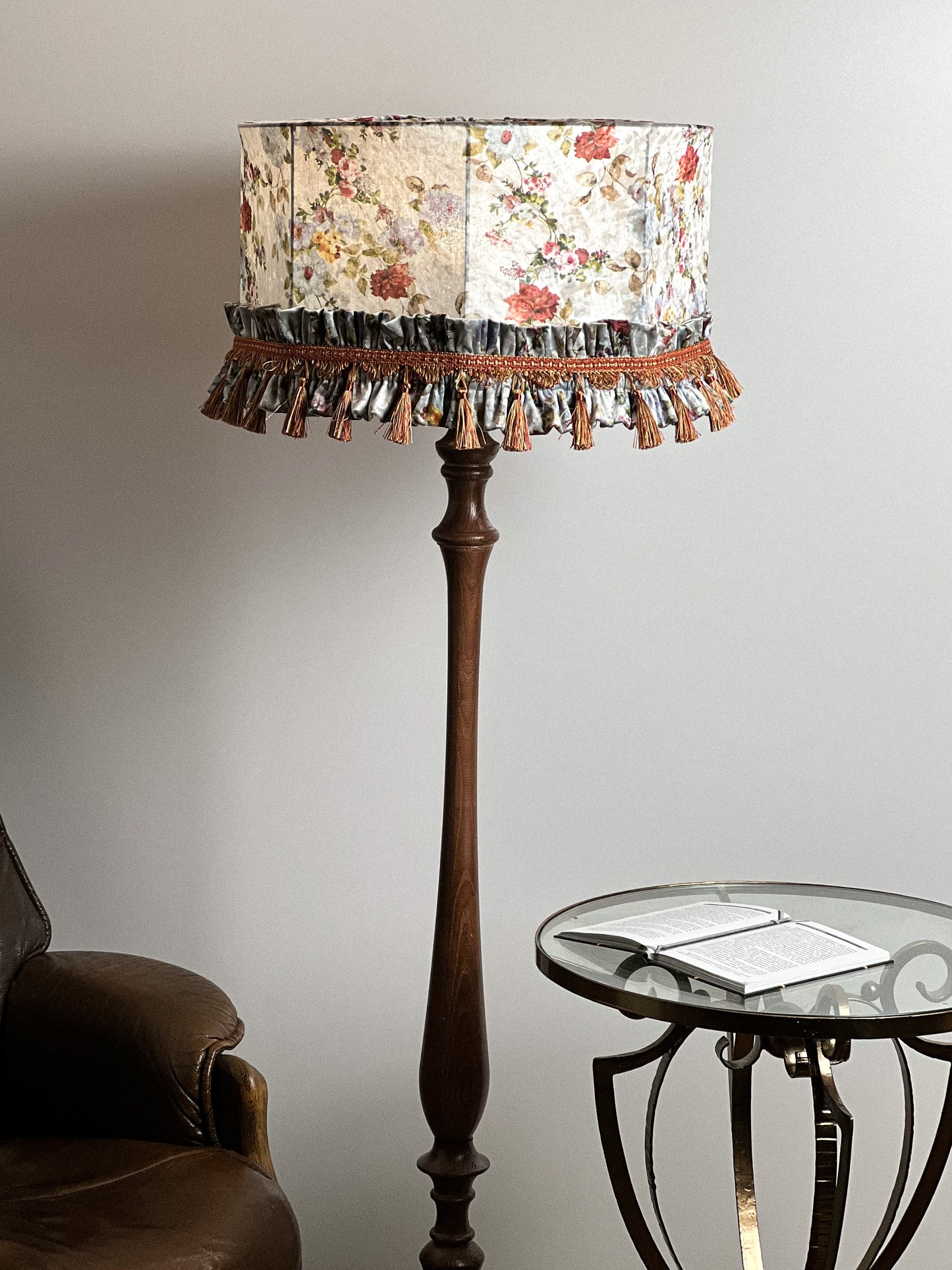 Lampshade. Handmade floral beauty with fringe and tassels will decorate your home.