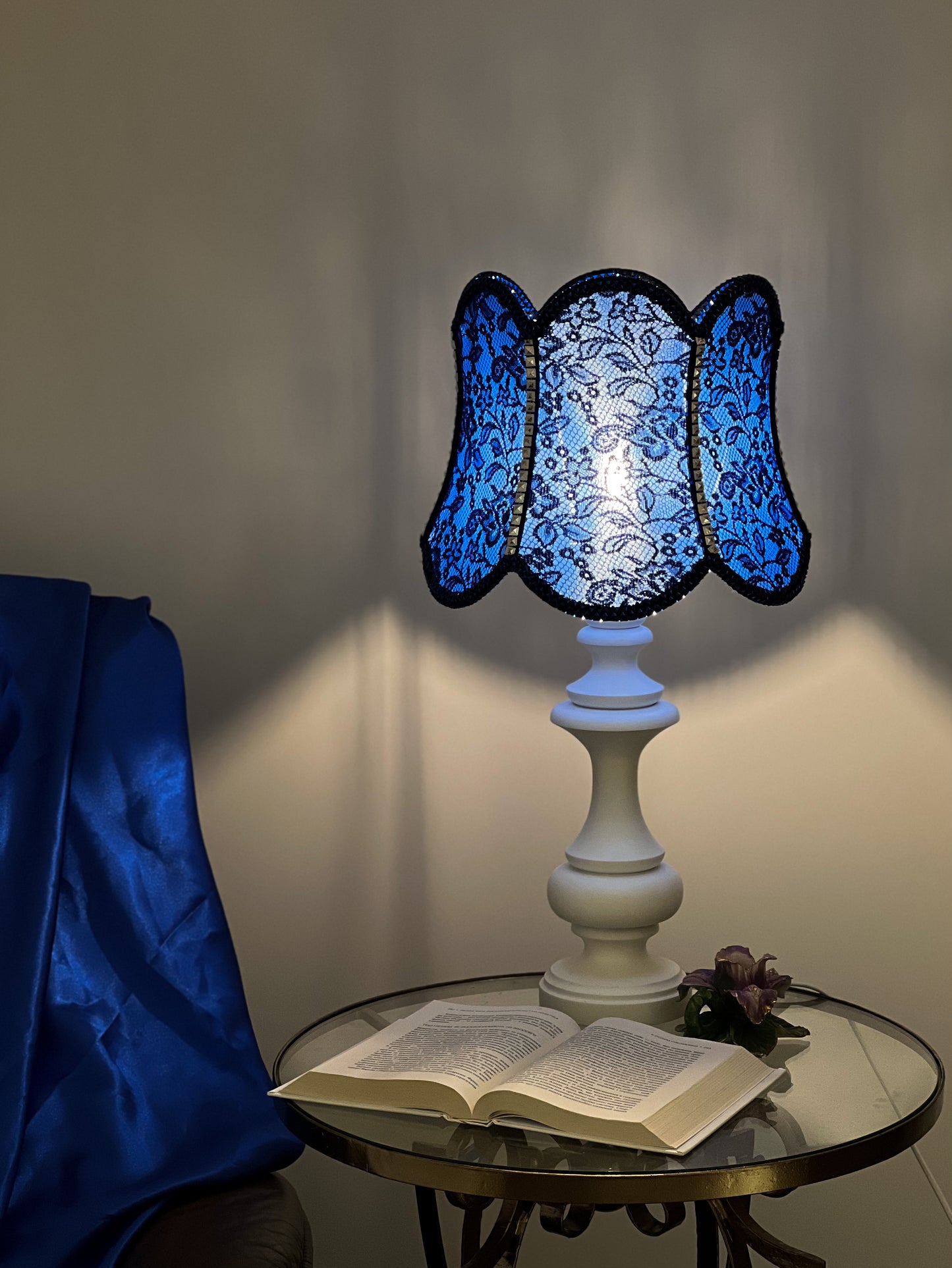 Table lamp. Blue table lamp with a handmade shade.