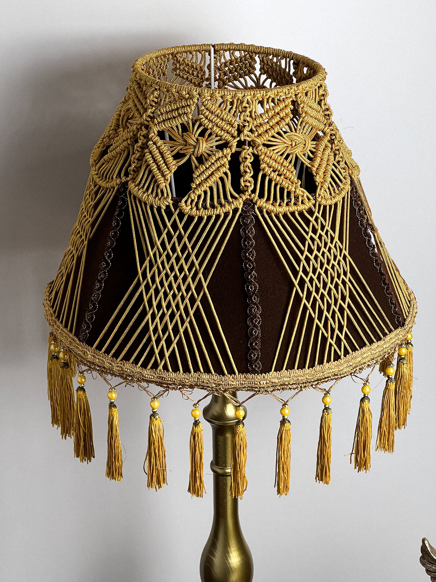 Lampshade. Brown Fringed Lampshade with Victorian and Retro Touche