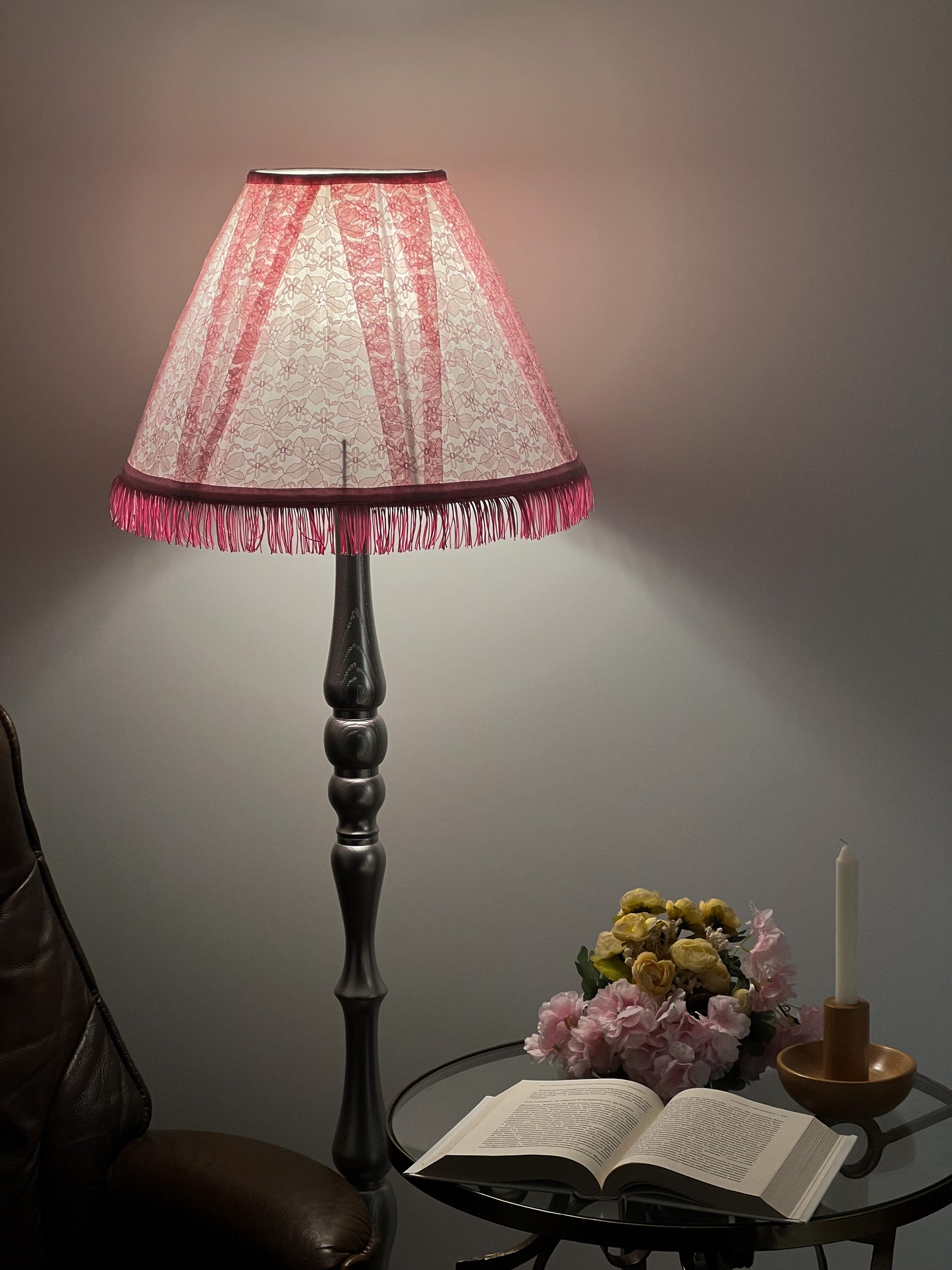 Pink Fringed Lampshade, Vintage Romantic Lighting for Night Light or Bedside Lamp. 6201