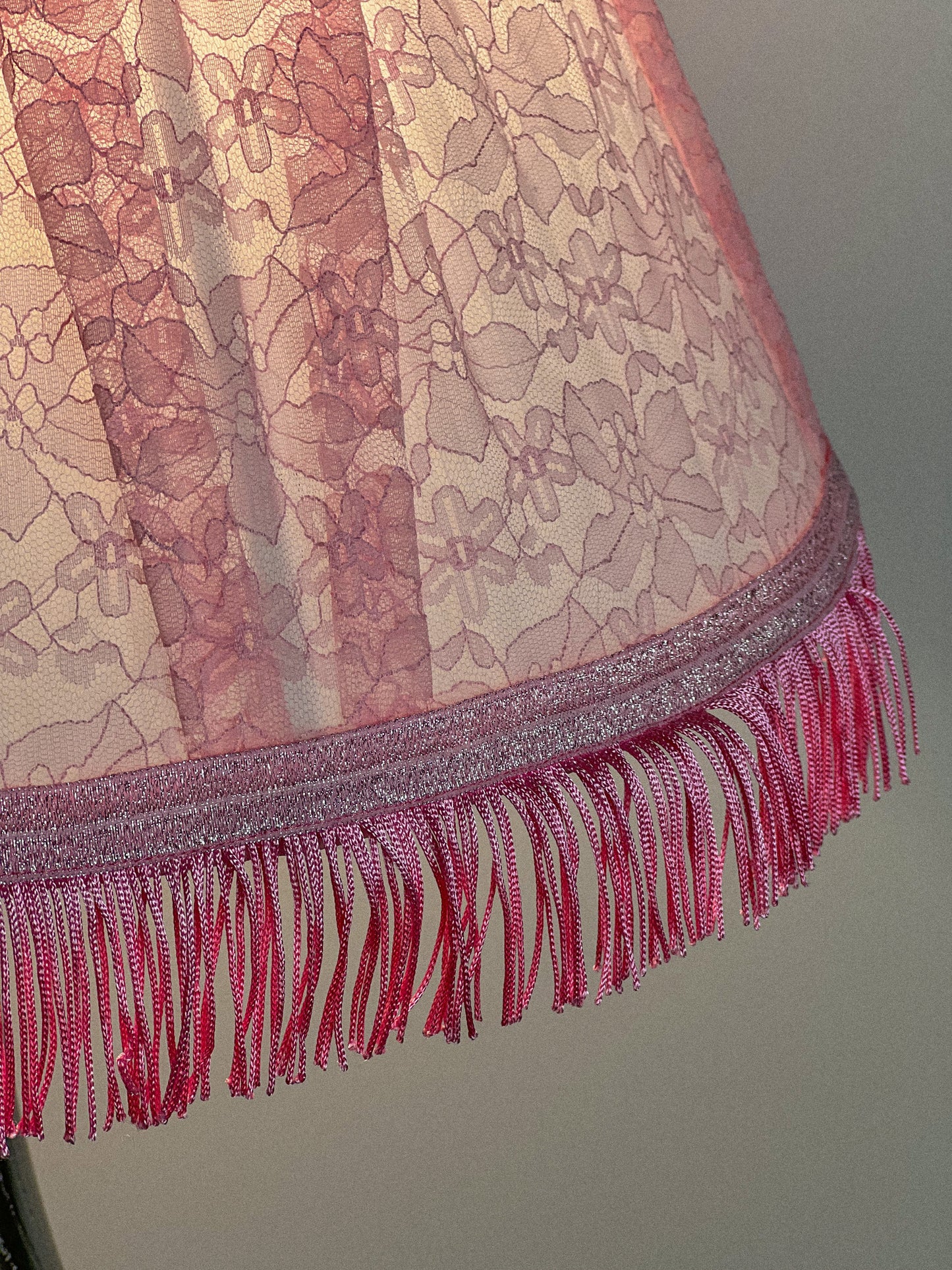 Pink Fringed Lampshade, Vintage Romantic Lighting for Night Light or Bedside Lamp. 6201