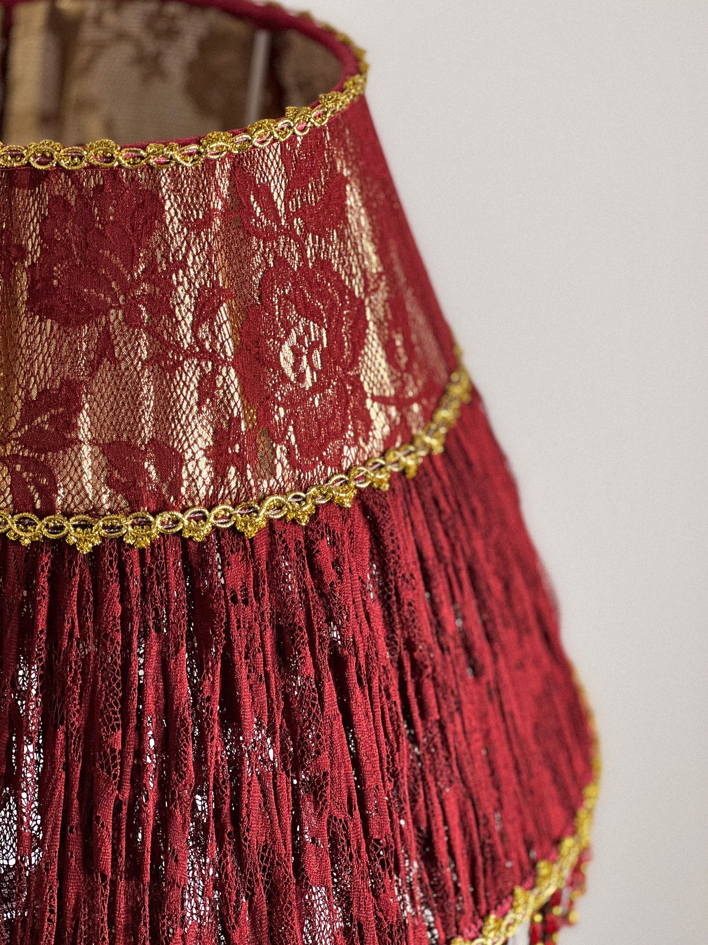 French Country Red Floral Fringe Lampshade. 3105
