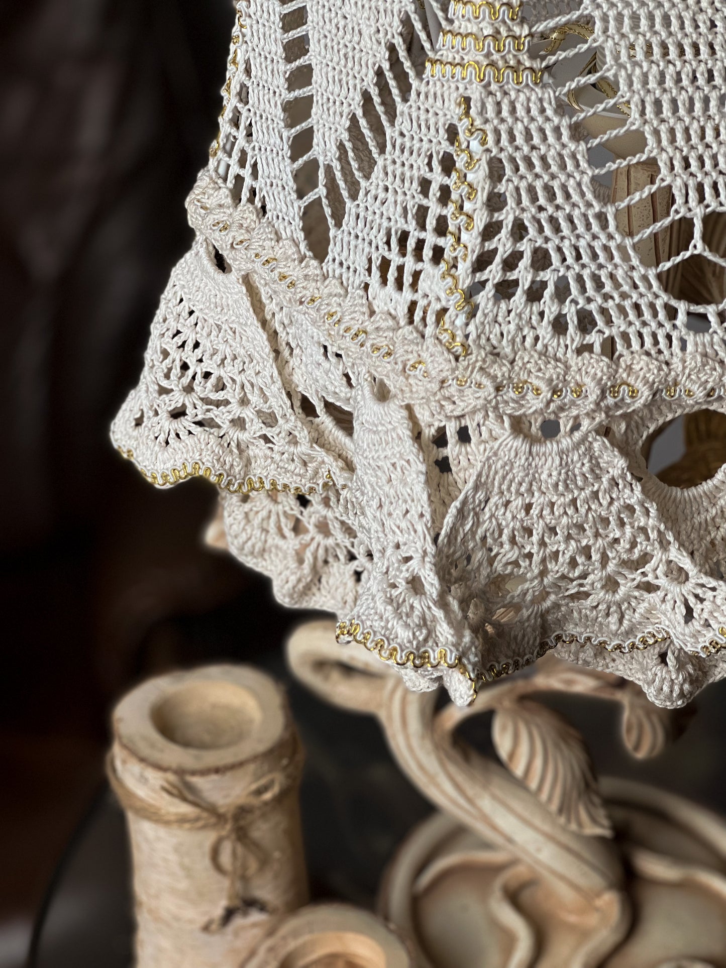 Victorian crochet table lamp with artistic wrought iron base