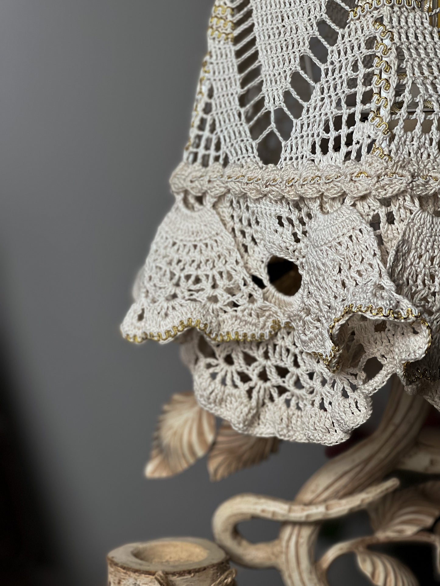 Victorian crochet table lamp with artistic wrought iron base
