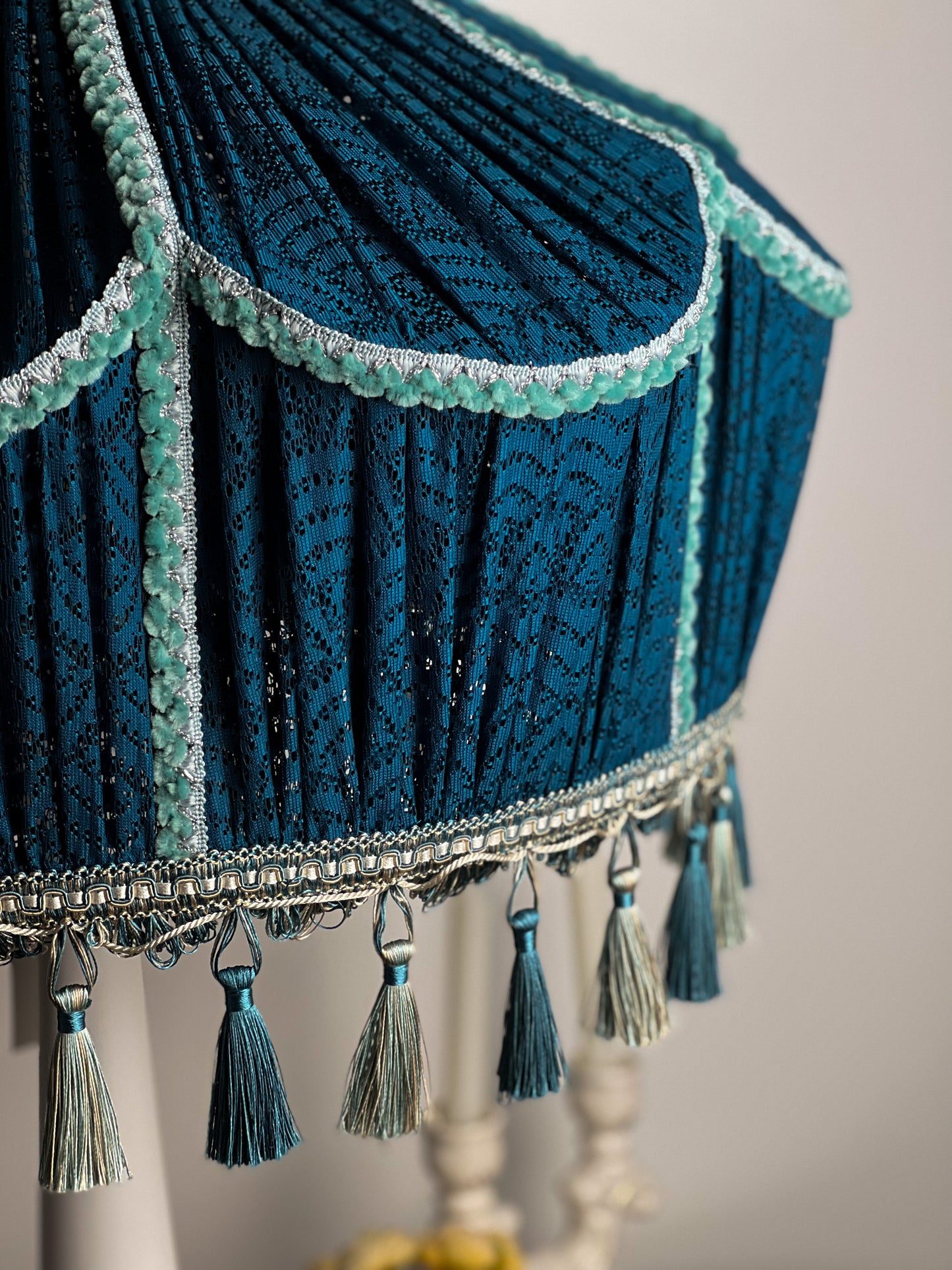 Lampshade. Handmade Blue Tassel Lampshade with Fringe Trim, Large Lamp Shade. № 1704