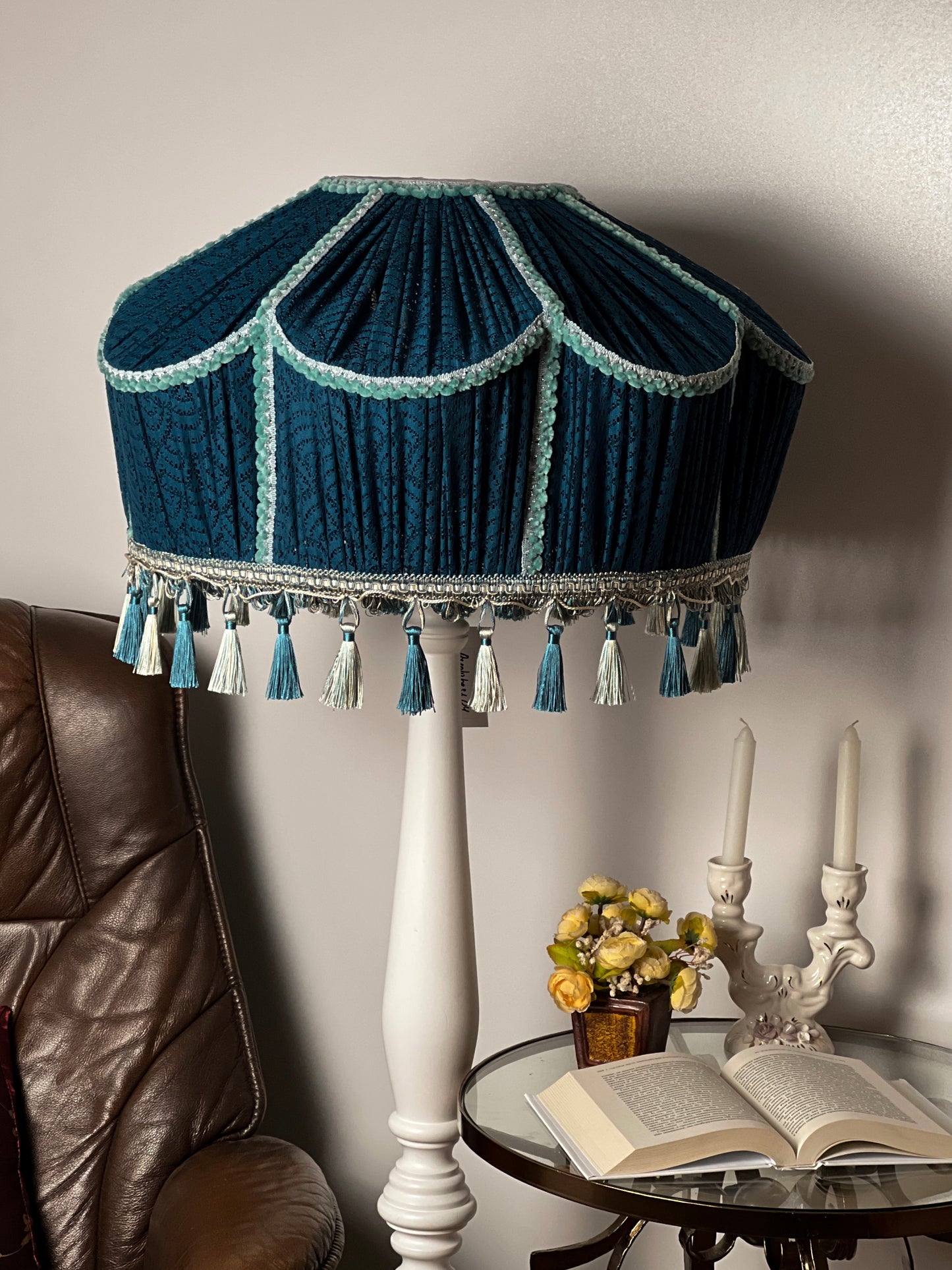 Lampshade. Handmade Blue Tassel Lampshade with Fringe Trim, Large Lamp Shade.