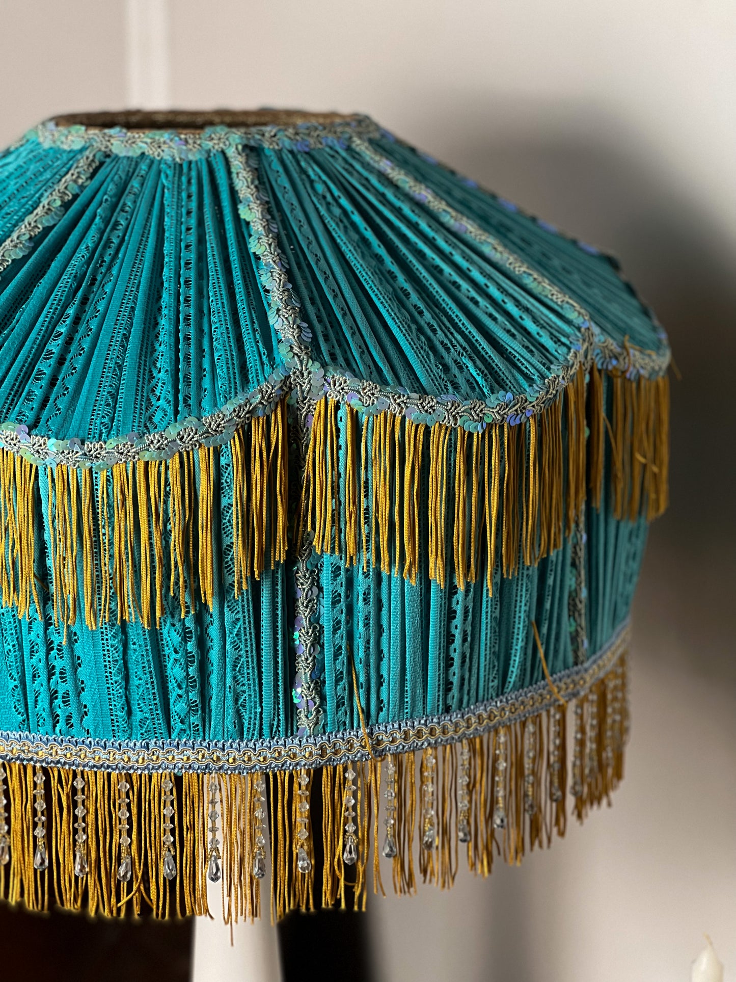 Lampshade. Art Deco Turquoise Guipure Lampshade with Long Fringe