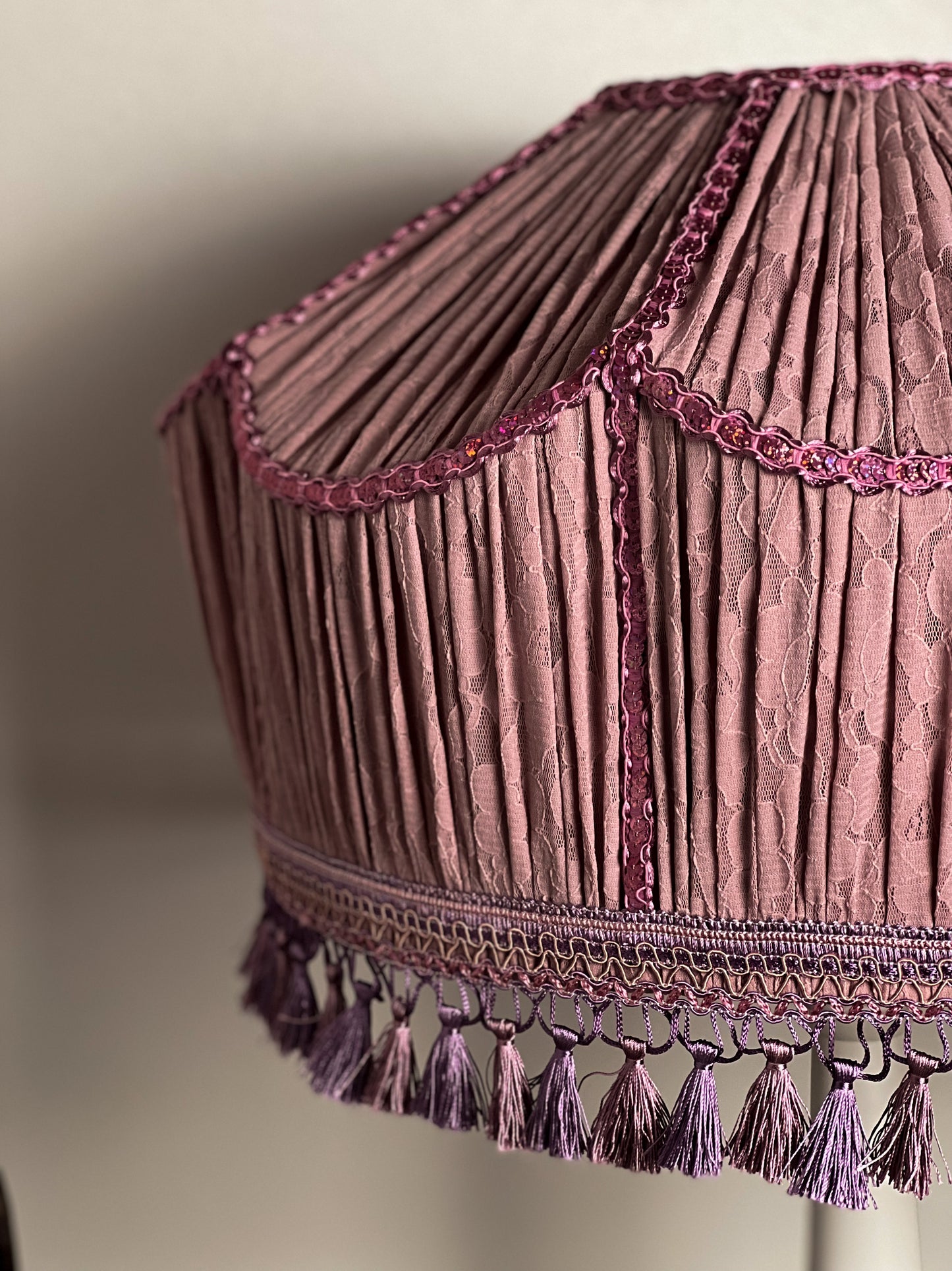 Lampshade. Large lilac lampshade with handmade fringe. 1703