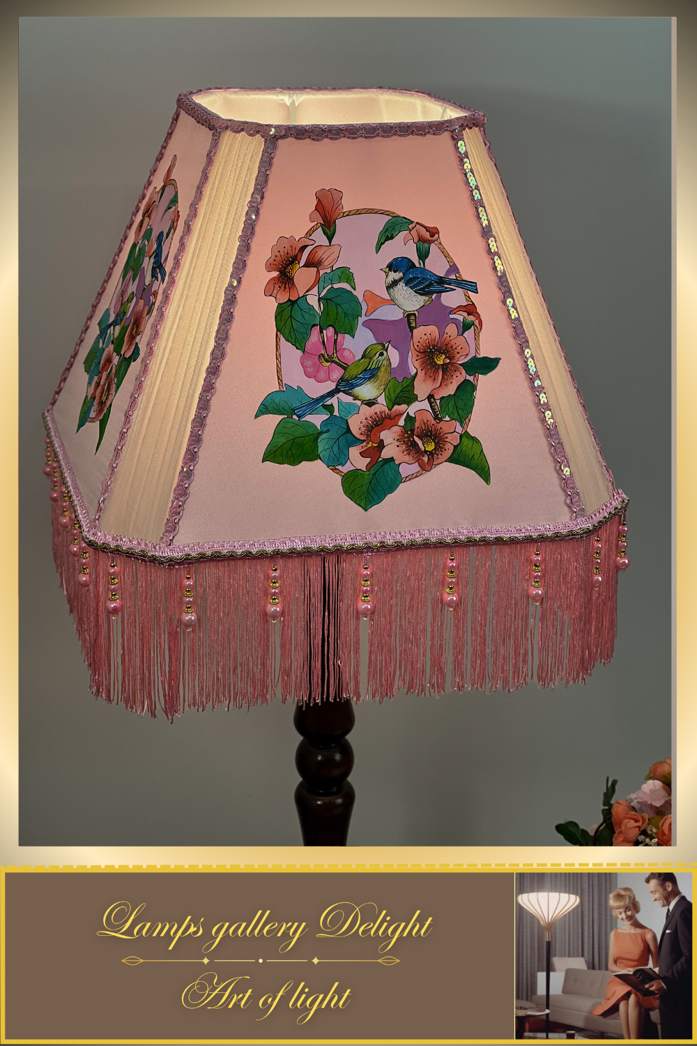 A floor lamp with a pink lampshade hand-painted with flowers. № 3404