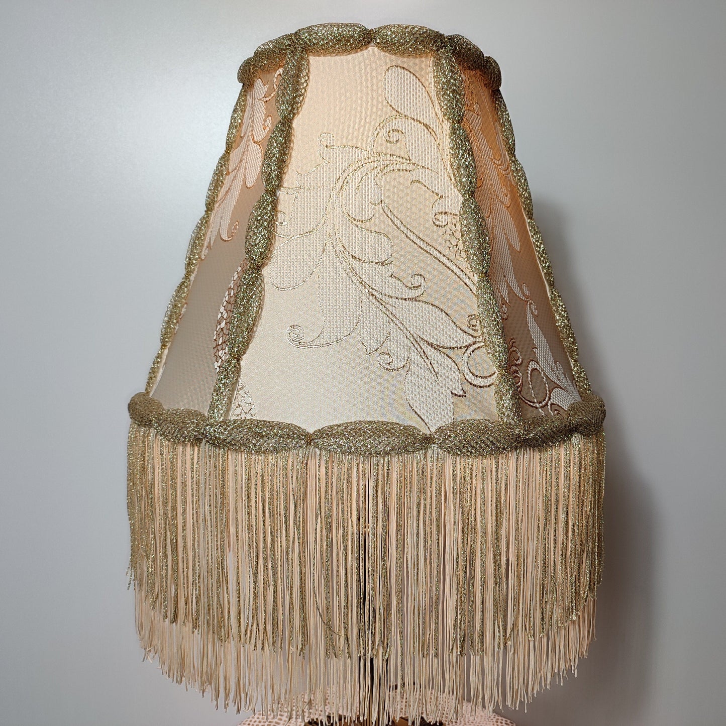 Lampshade, an elegant table lamp shade with golden fringe in a vintage style for classic home decor. 0502