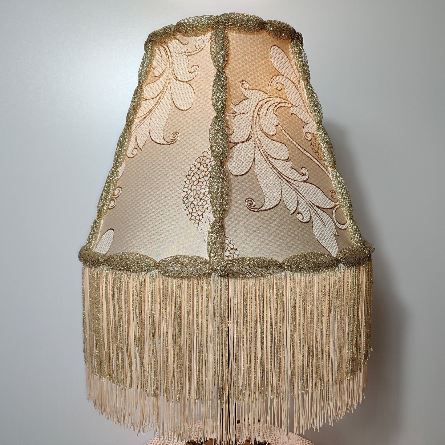 Lampshade, an elegant table lamp shade with golden fringe in a vintage style for classic home decor. 0502