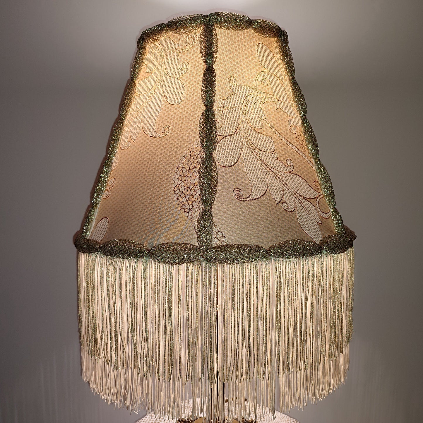 Lampshade, an elegant table lamp shade with golden fringe in a vintage style for classic home decor. 0502