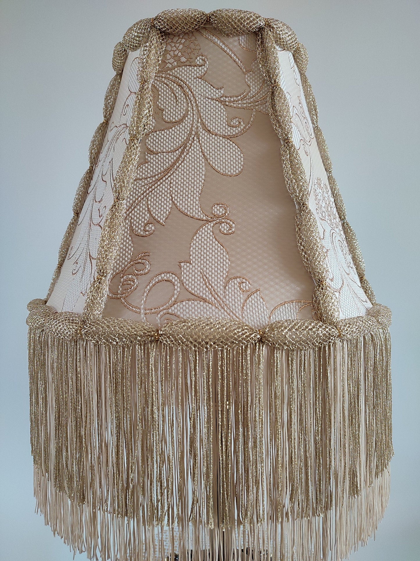 Lampshade, an elegant table lamp shade with golden fringe in a vintage style for classic home decor. 0502