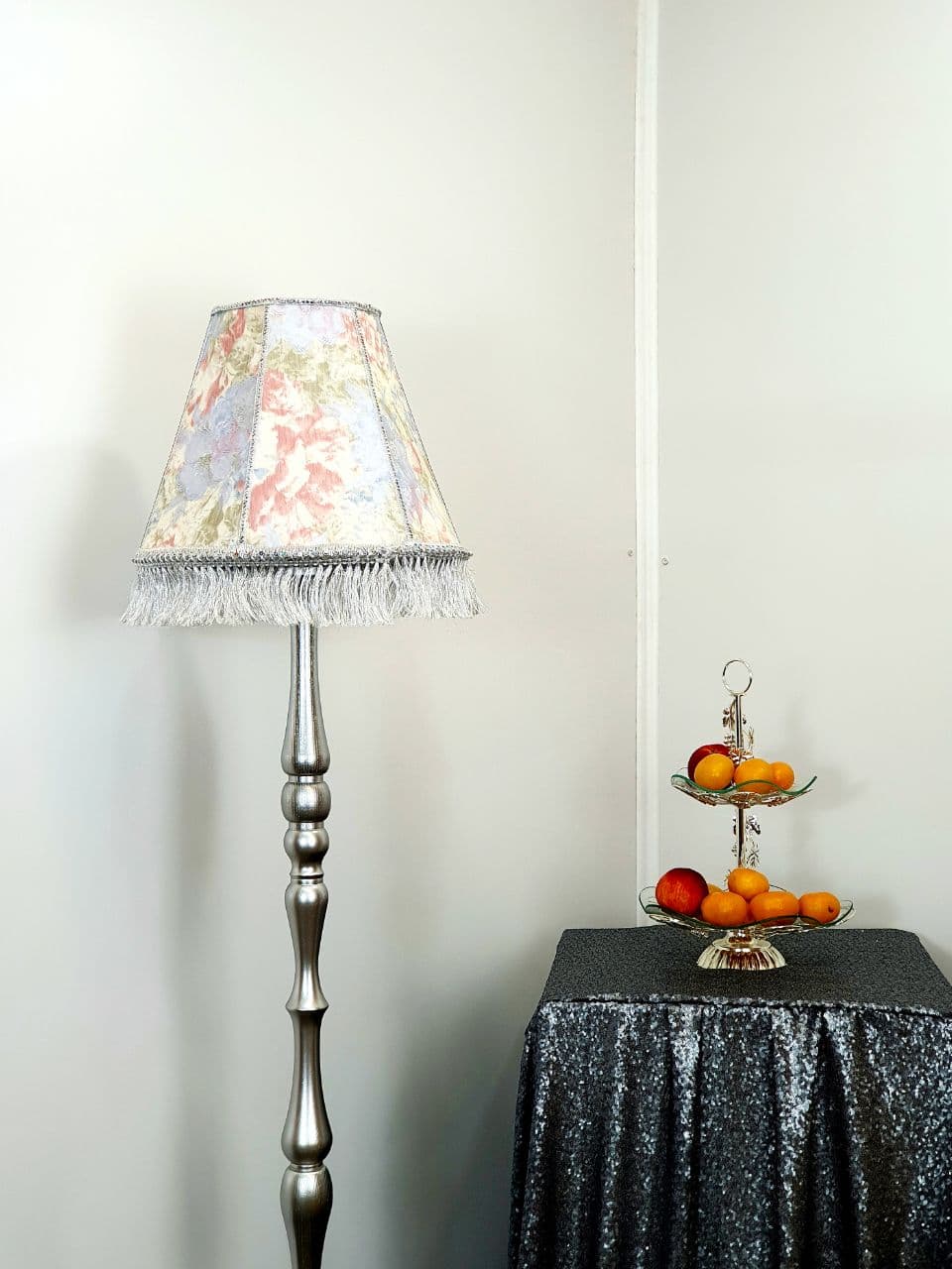 Floral lampshade with embossed patterned fabric and fringe. 0203