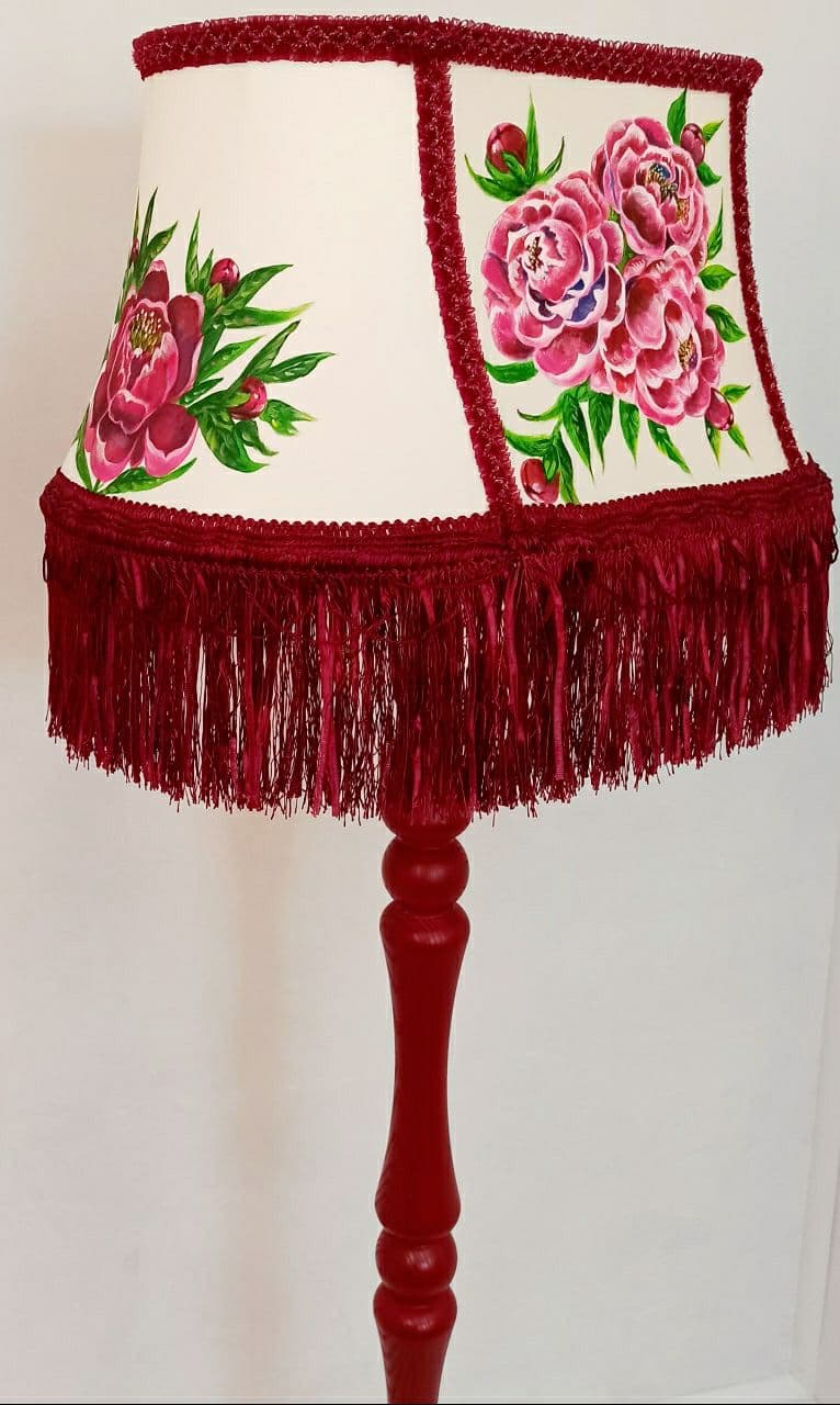 Fabric lampshade with painted peonies fringed lampshade. 5304