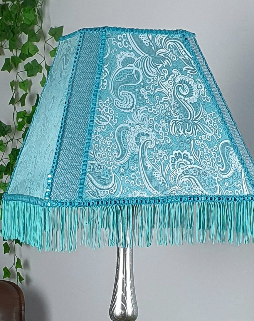 Fabric lampshade in turquoise color with sequins and fringe. Art deco styles. 3402