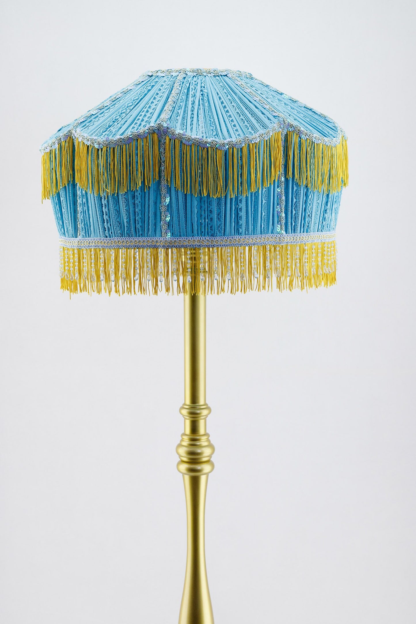 Lampshade. Art Deco Turquoise Guipure Lampshade with Long Fringe