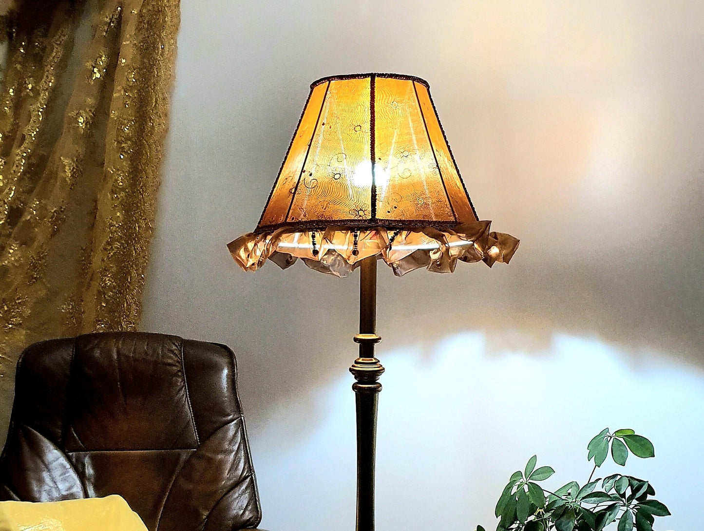 Lampshade. Vintage bronze lampshade with floral embroidery and beaded accents