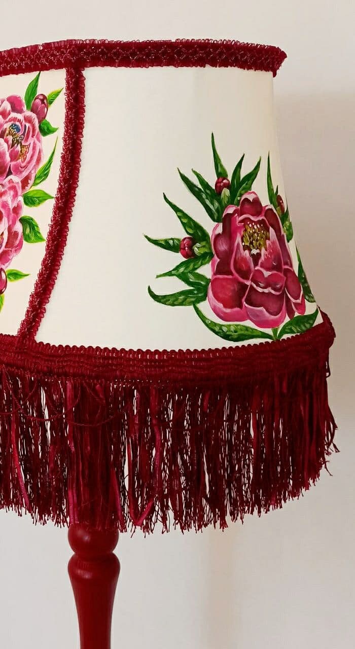 Fabric lampshade with painted peonies fringed lampshade. 5304